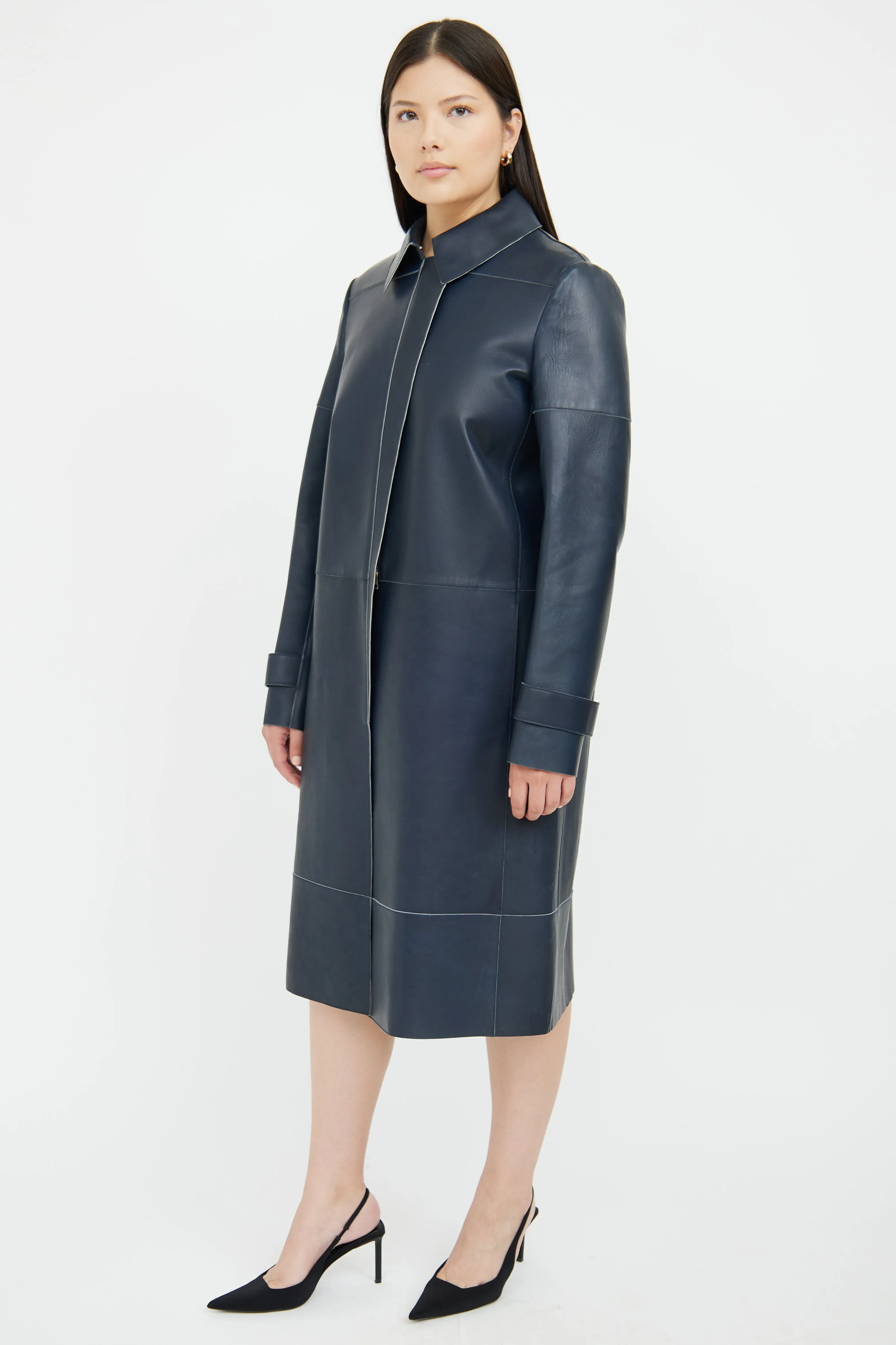 Navy Long Leather Coat