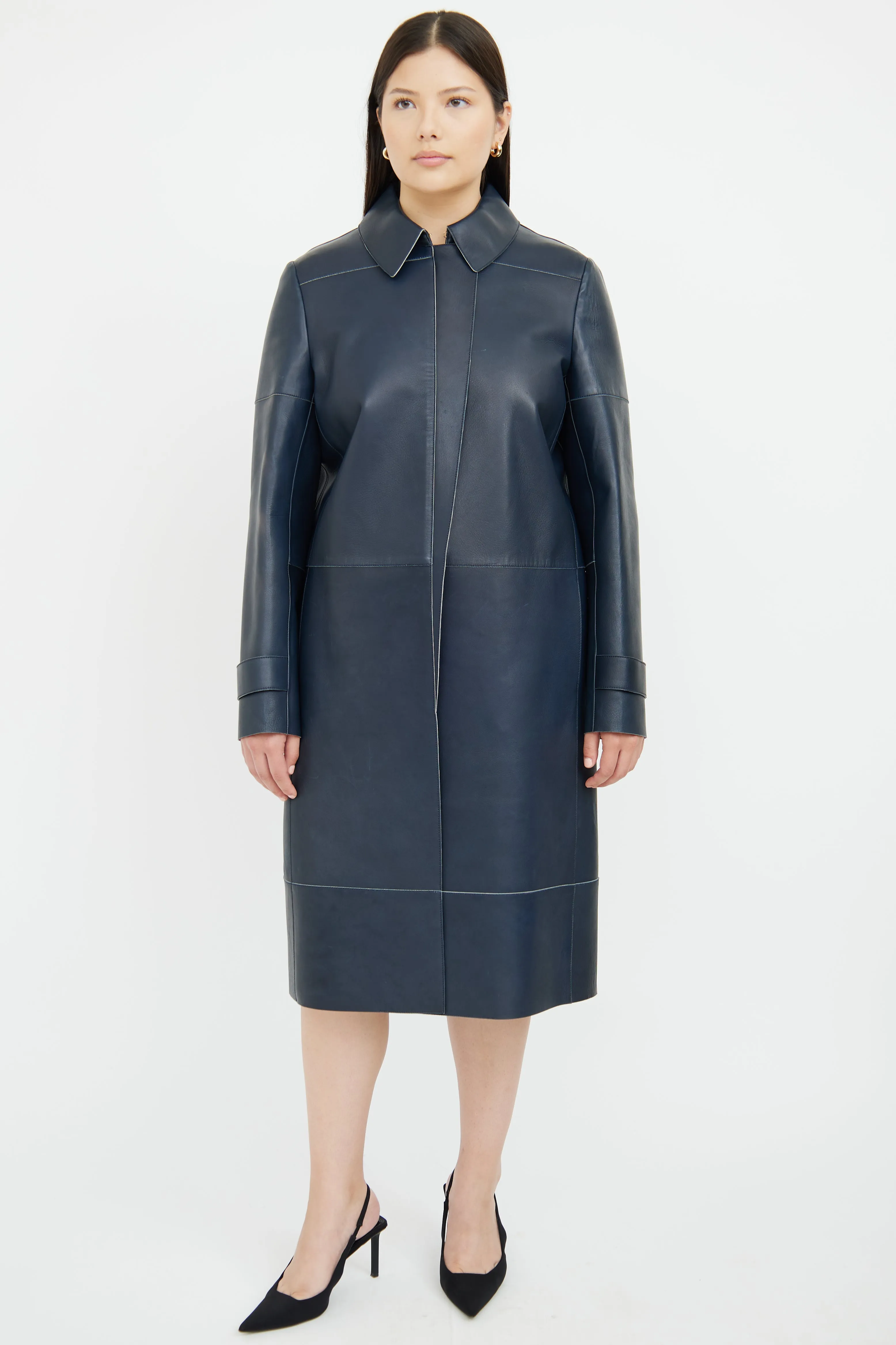 Navy Long Leather Coat