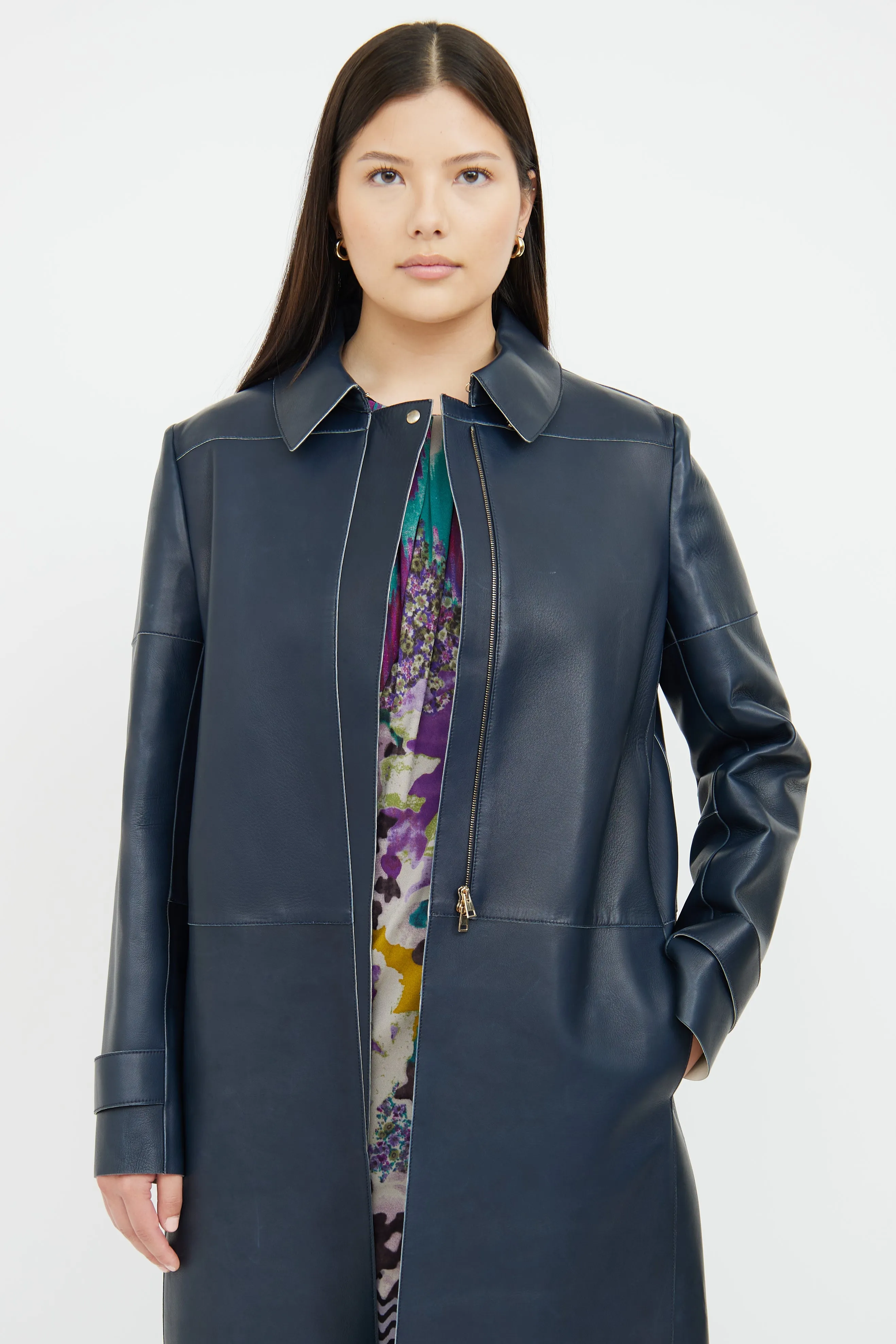 Navy Long Leather Coat