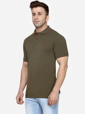 Olive Melange Solid Slim Fit Polo T-Shirt | Greenfibre