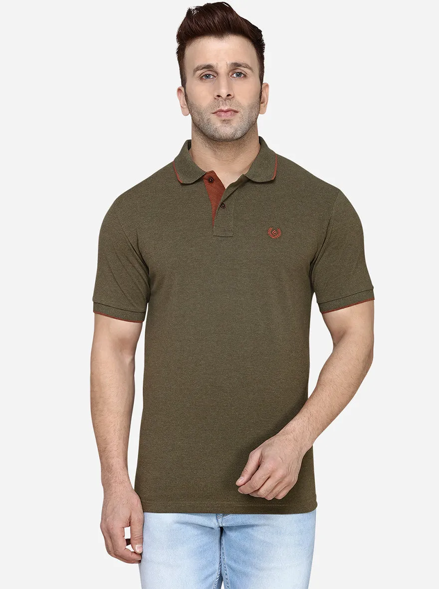 Olive Melange Solid Slim Fit Polo T-Shirt | Greenfibre