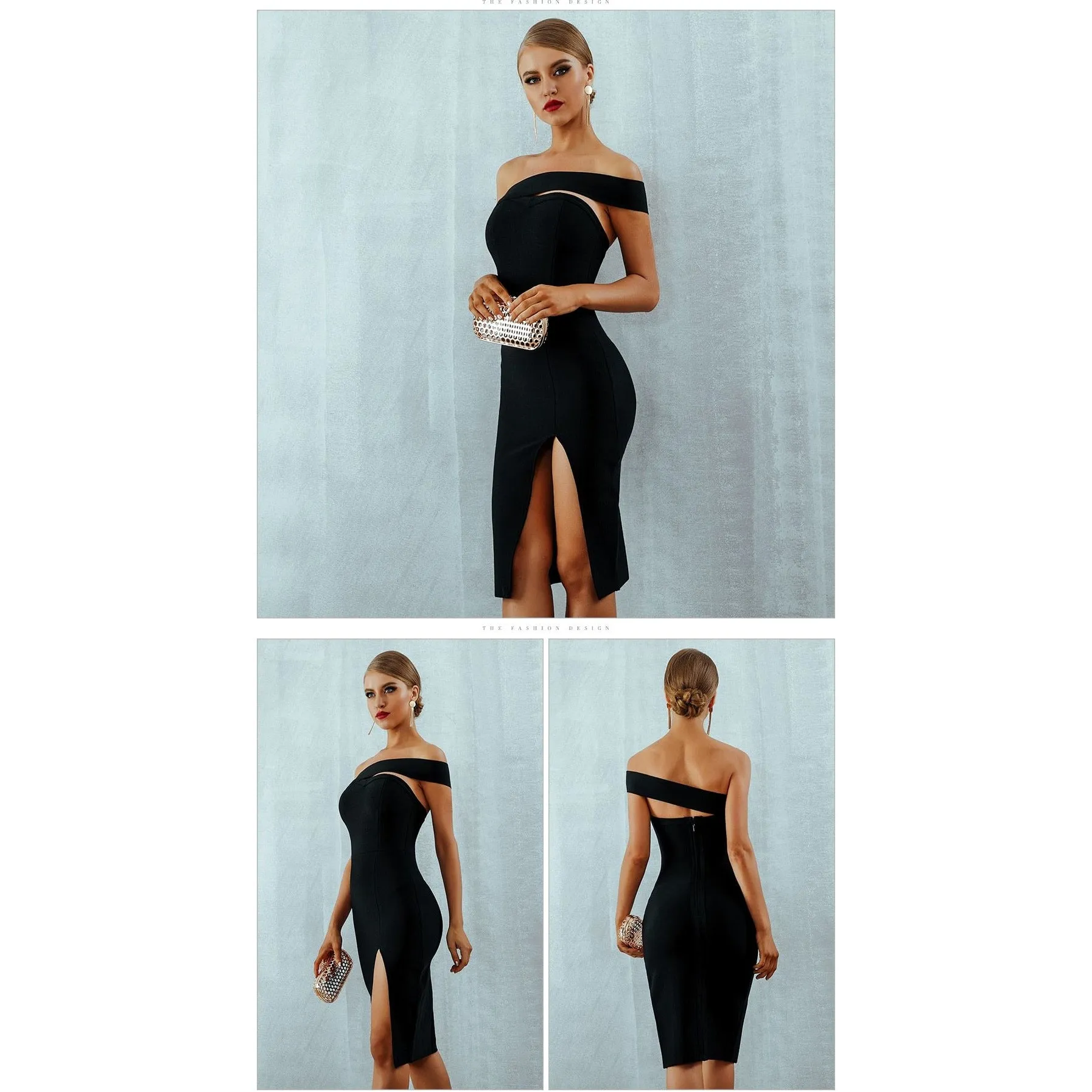 One Shoulder Bandage Midi Dress With High Slit