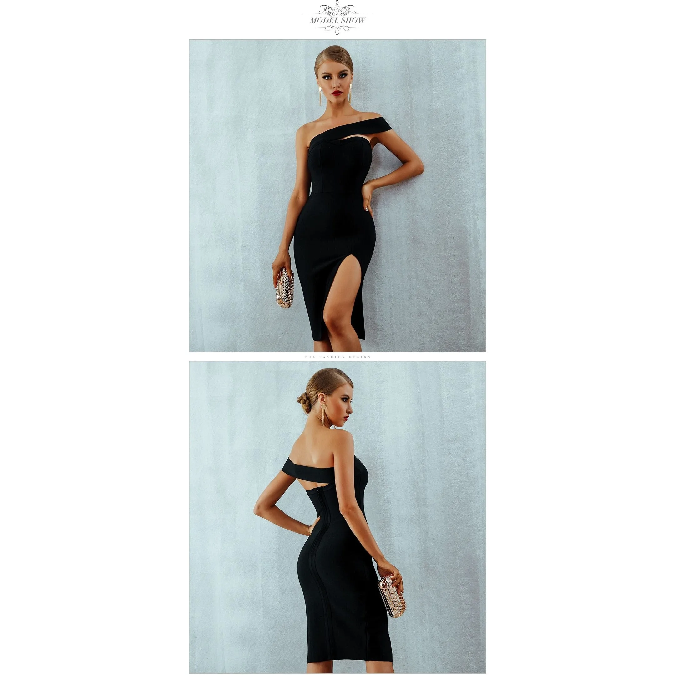 One Shoulder Bandage Midi Dress With High Slit