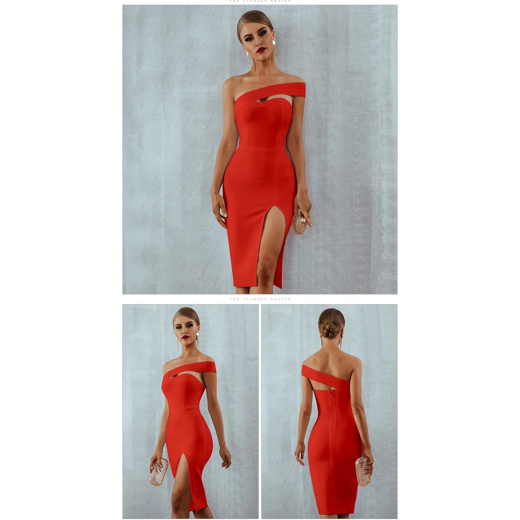 One Shoulder Bandage Midi Dress With High Slit