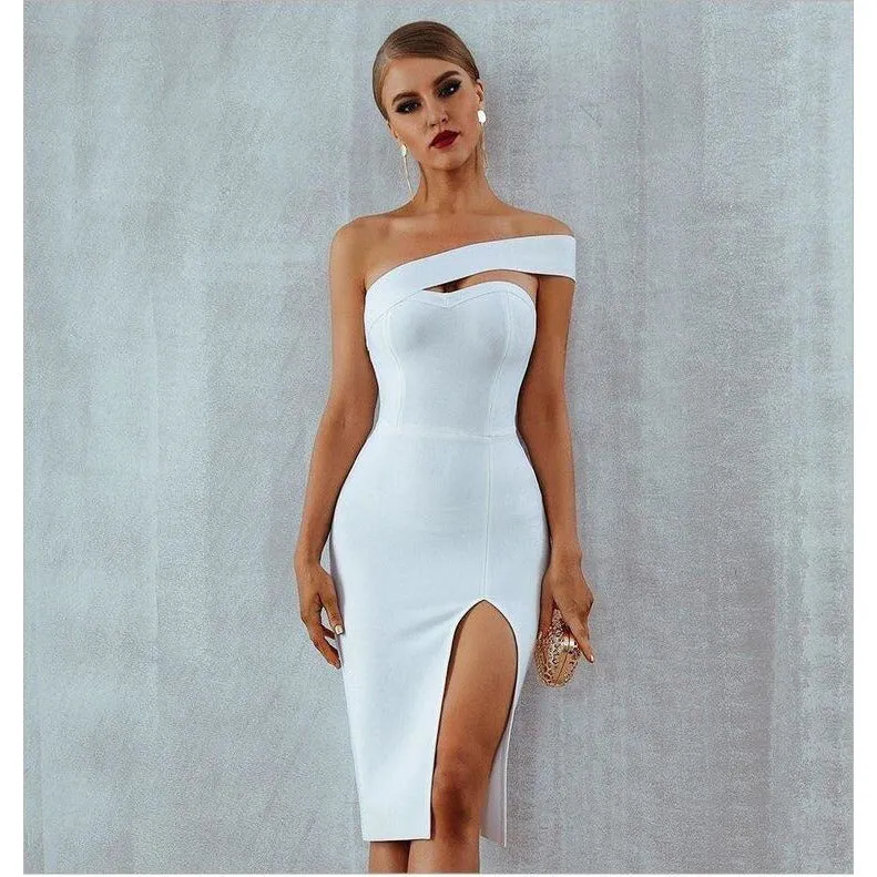 One Shoulder Bandage Midi Dress With High Slit