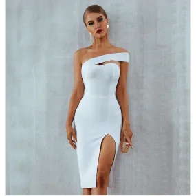 One Shoulder Bandage Midi Dress With High Slit