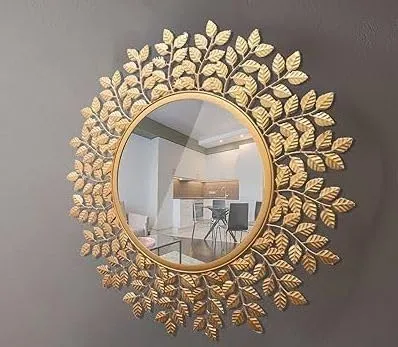 P4 Industries Wall Mirror Wall Mirror with Chain Hanging Mirror Size 15 inch Gold Powder Coat Finish Designer Mirror Antique Mirror Pack of 01 (Leaf Mirror, Framed, Round)