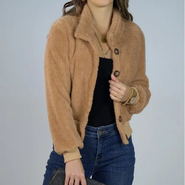 Plain Fleece Crop Single-Breasted Jacket CA1045