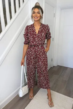 Plum Spot Printed Wrap Front Jumpsuit