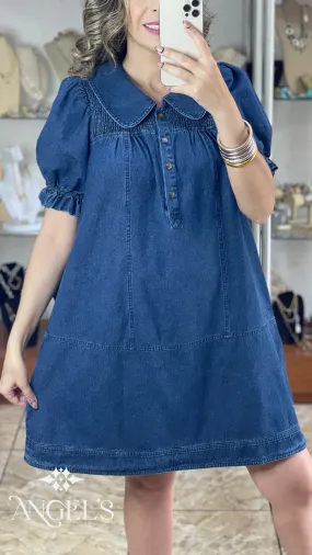 Puff Sleeve Peter Pan Collar Denim Dress