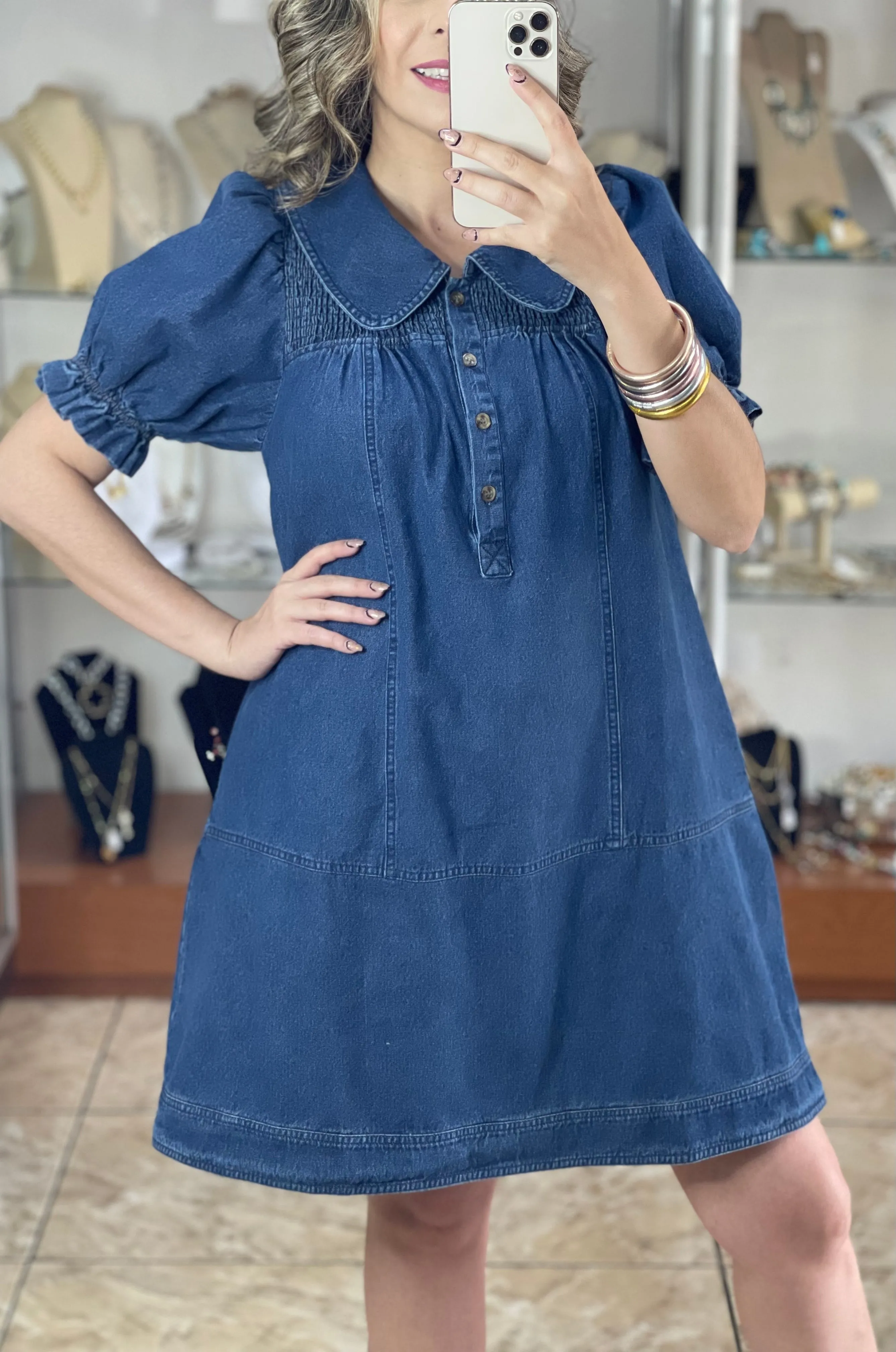 Puff Sleeve Peter Pan Collar Denim Dress