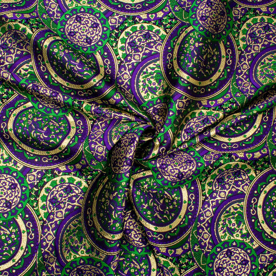 Purple, Green & Gold Metallic Circle Silk Blend Brocade