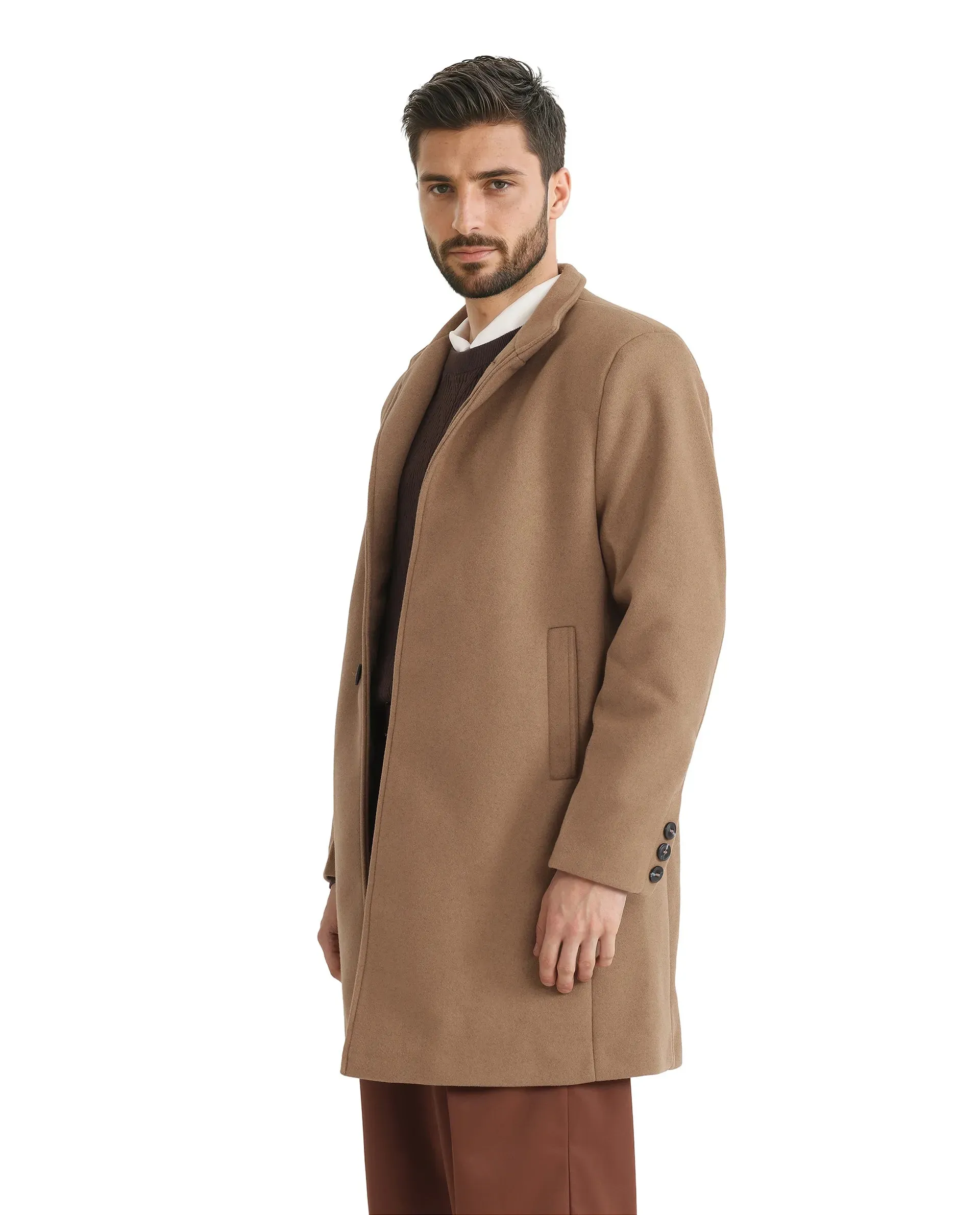 Rare Rabbit Men Dune-2 Mustard Polyester Rayon Fabric Full Sleeve Round Neck Button Closure Textured Long Coat