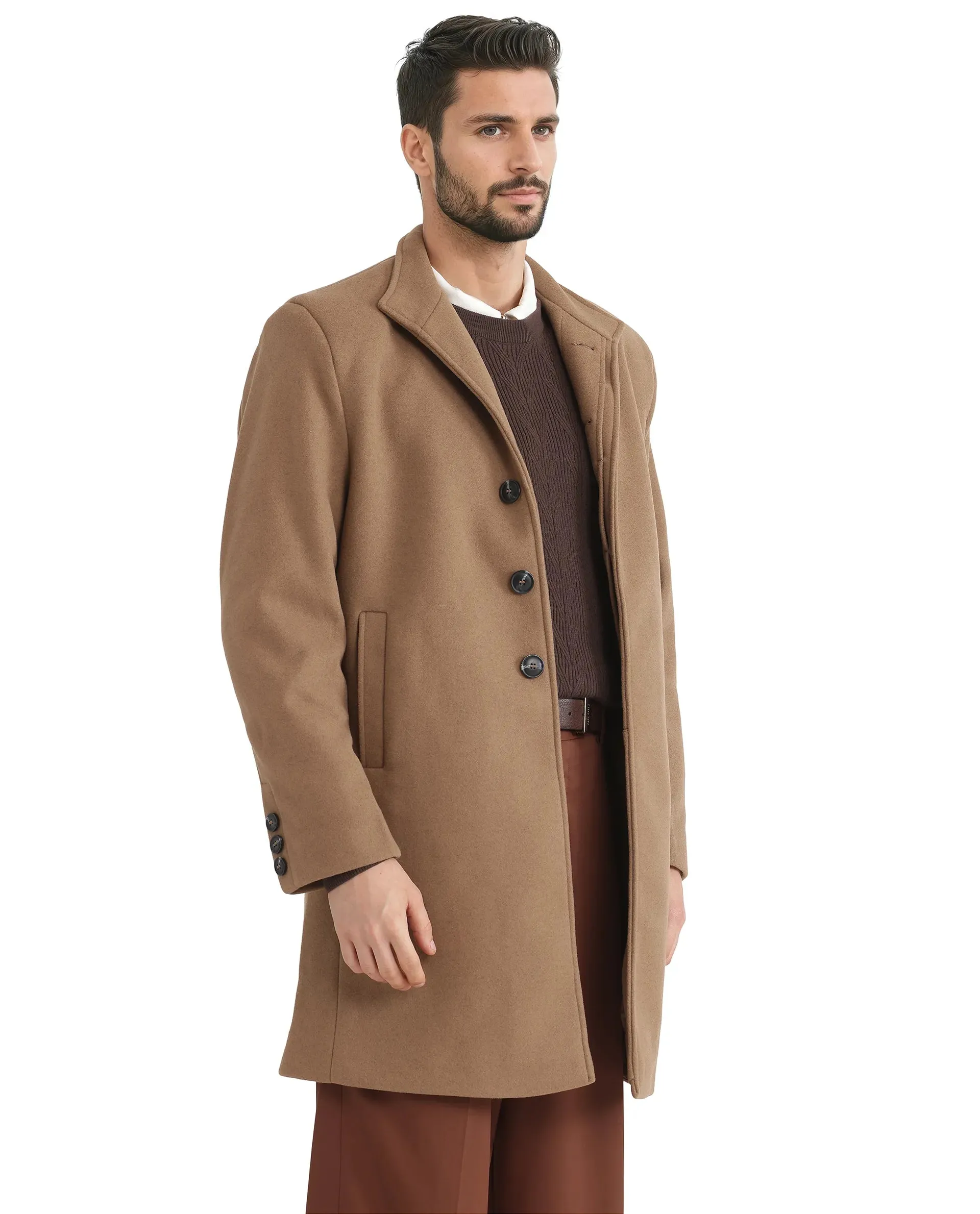 Rare Rabbit Men Dune-2 Mustard Polyester Rayon Fabric Full Sleeve Round Neck Button Closure Textured Long Coat