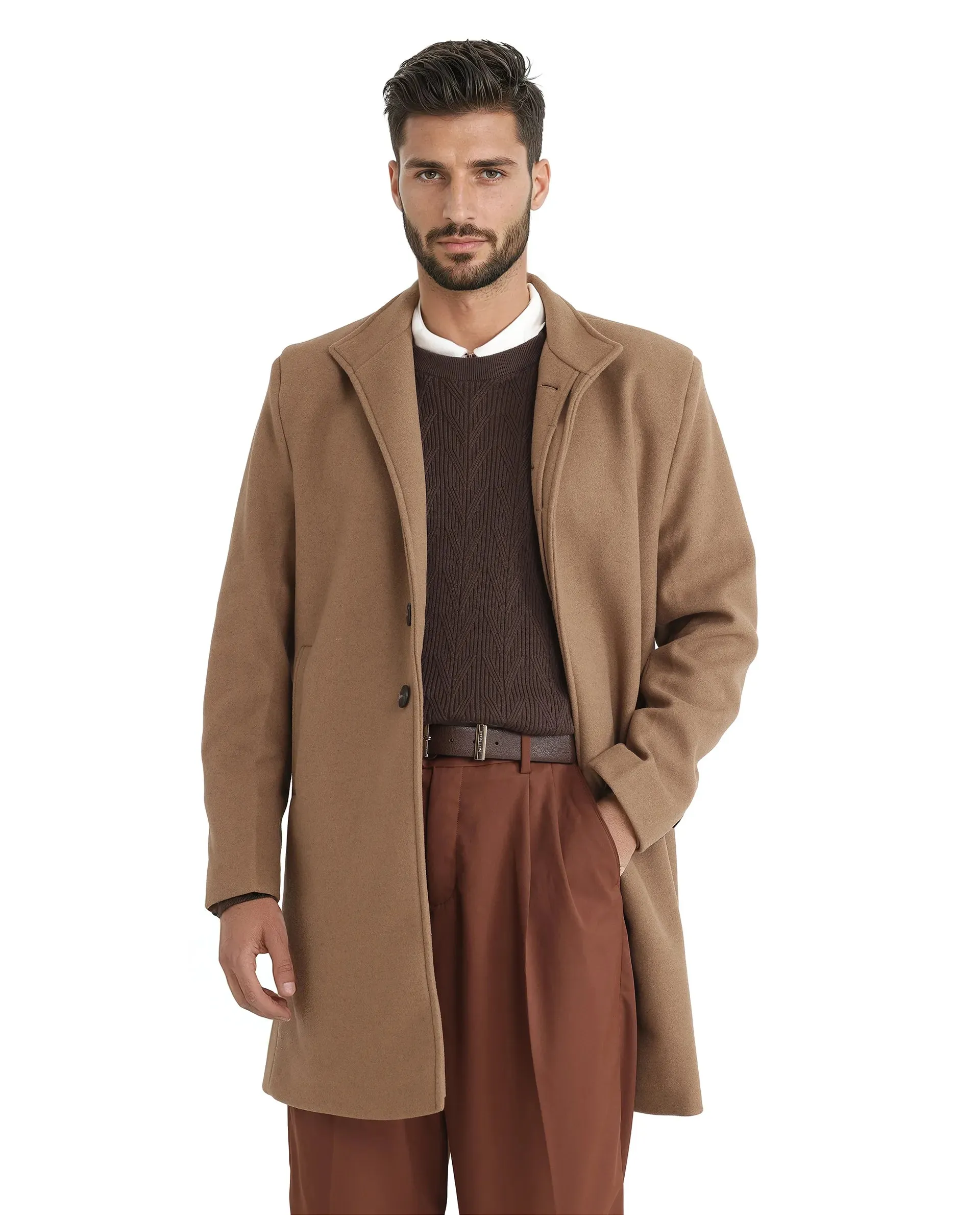 Rare Rabbit Men Dune-2 Mustard Polyester Rayon Fabric Full Sleeve Round Neck Button Closure Textured Long Coat