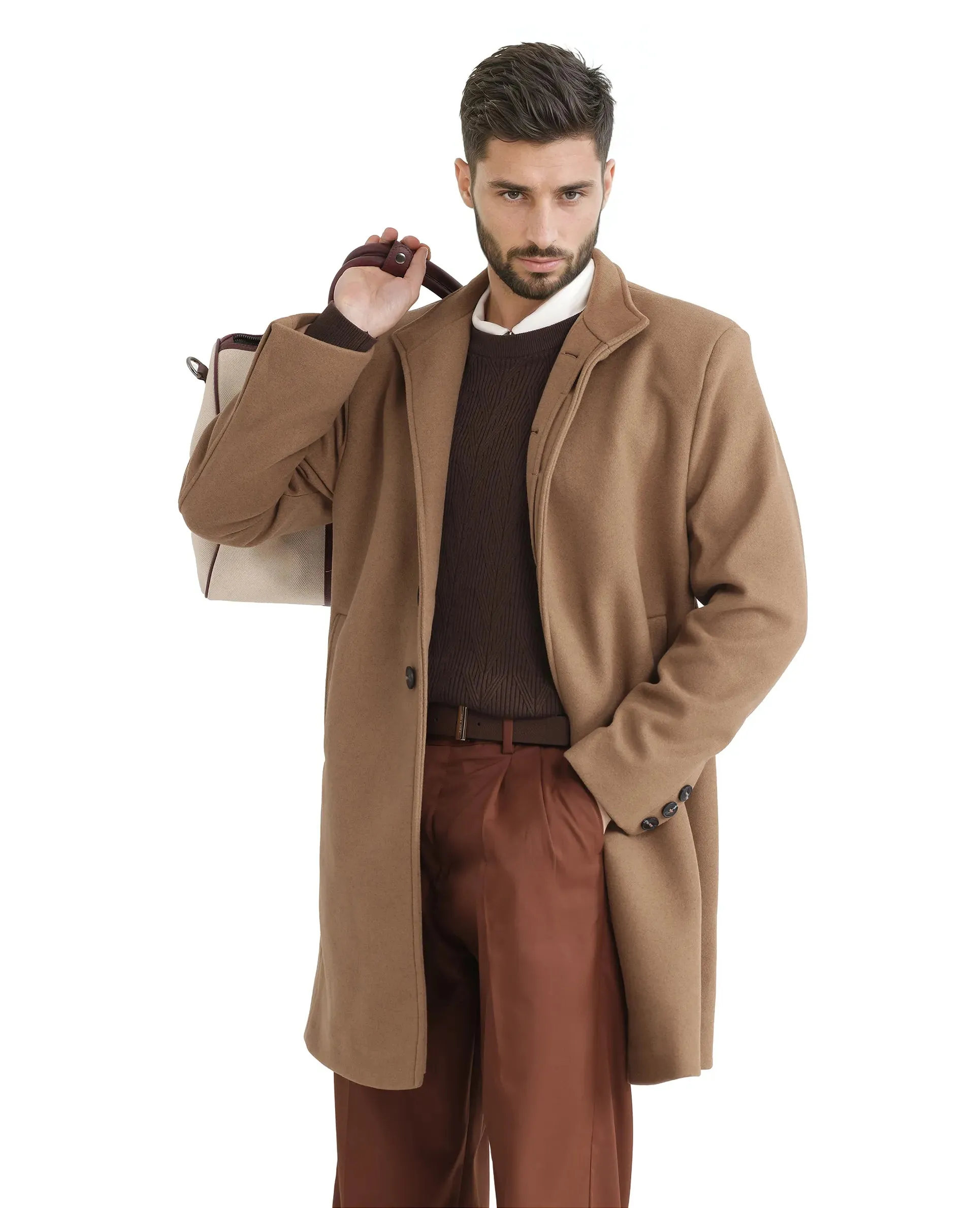 Rare Rabbit Men Dune-2 Mustard Polyester Rayon Fabric Full Sleeve Round Neck Button Closure Textured Long Coat