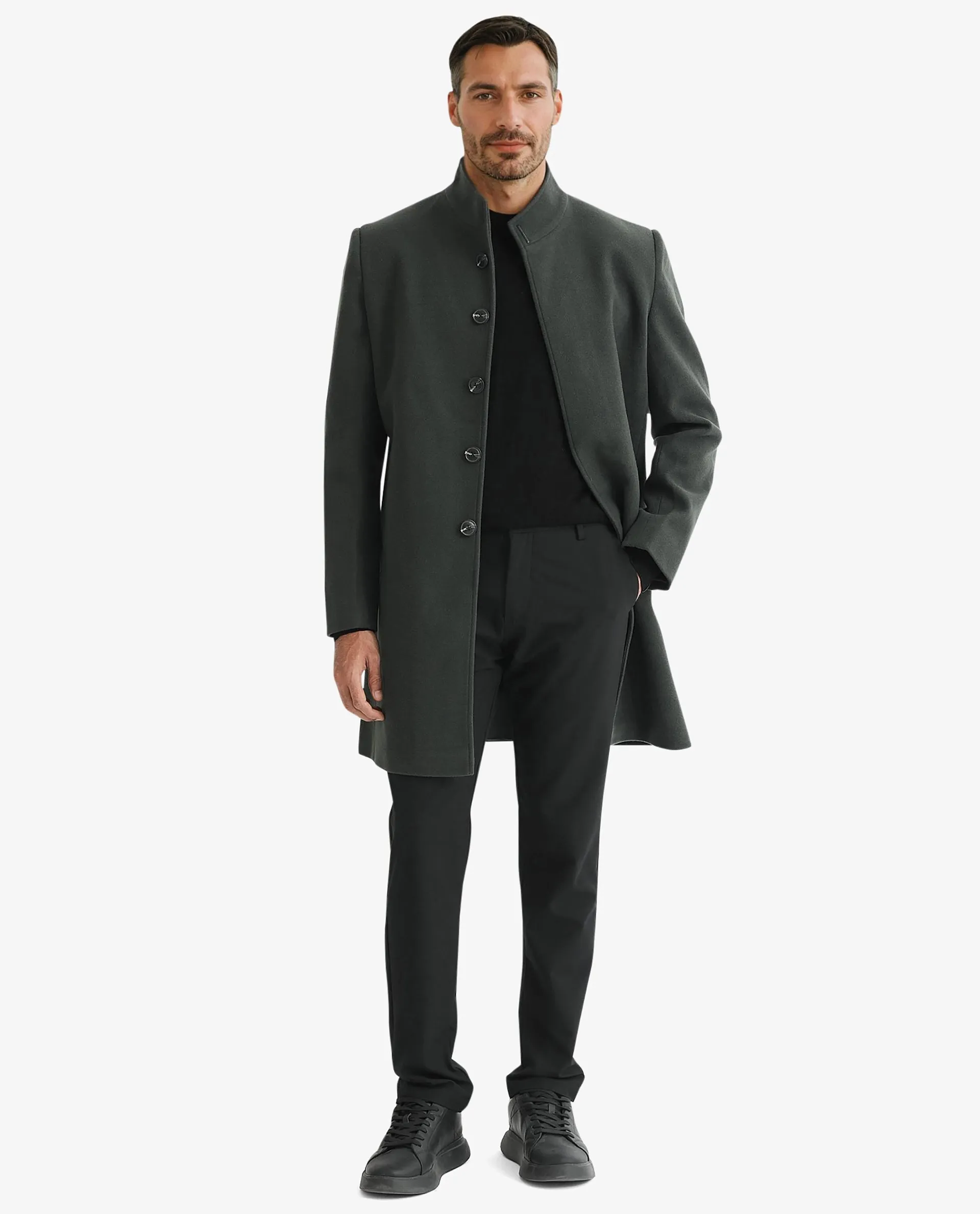 Rare Rabbit Men's Dune Green Textured High Neck Long Coat