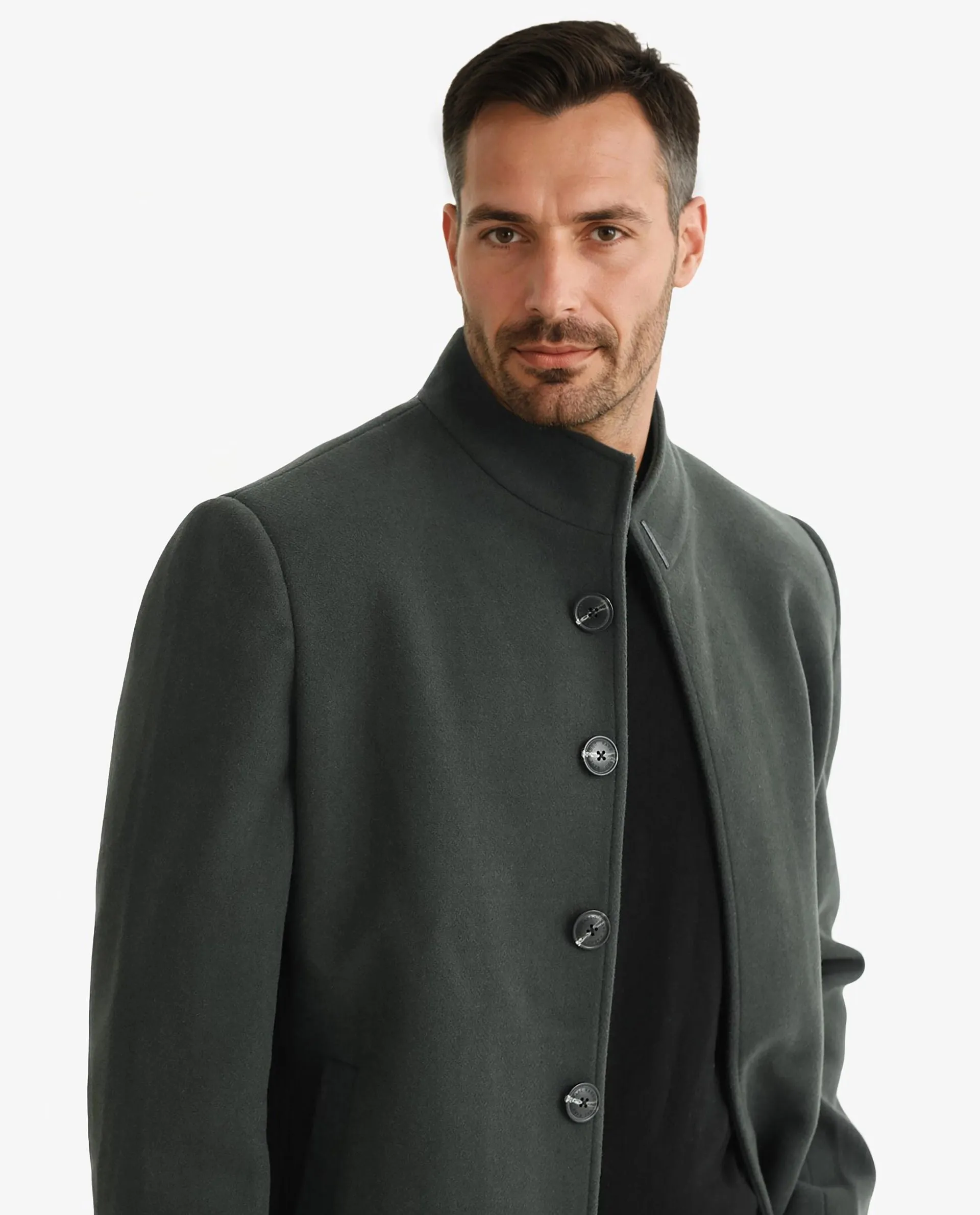 Rare Rabbit Men's Dune Green Textured High Neck Long Coat