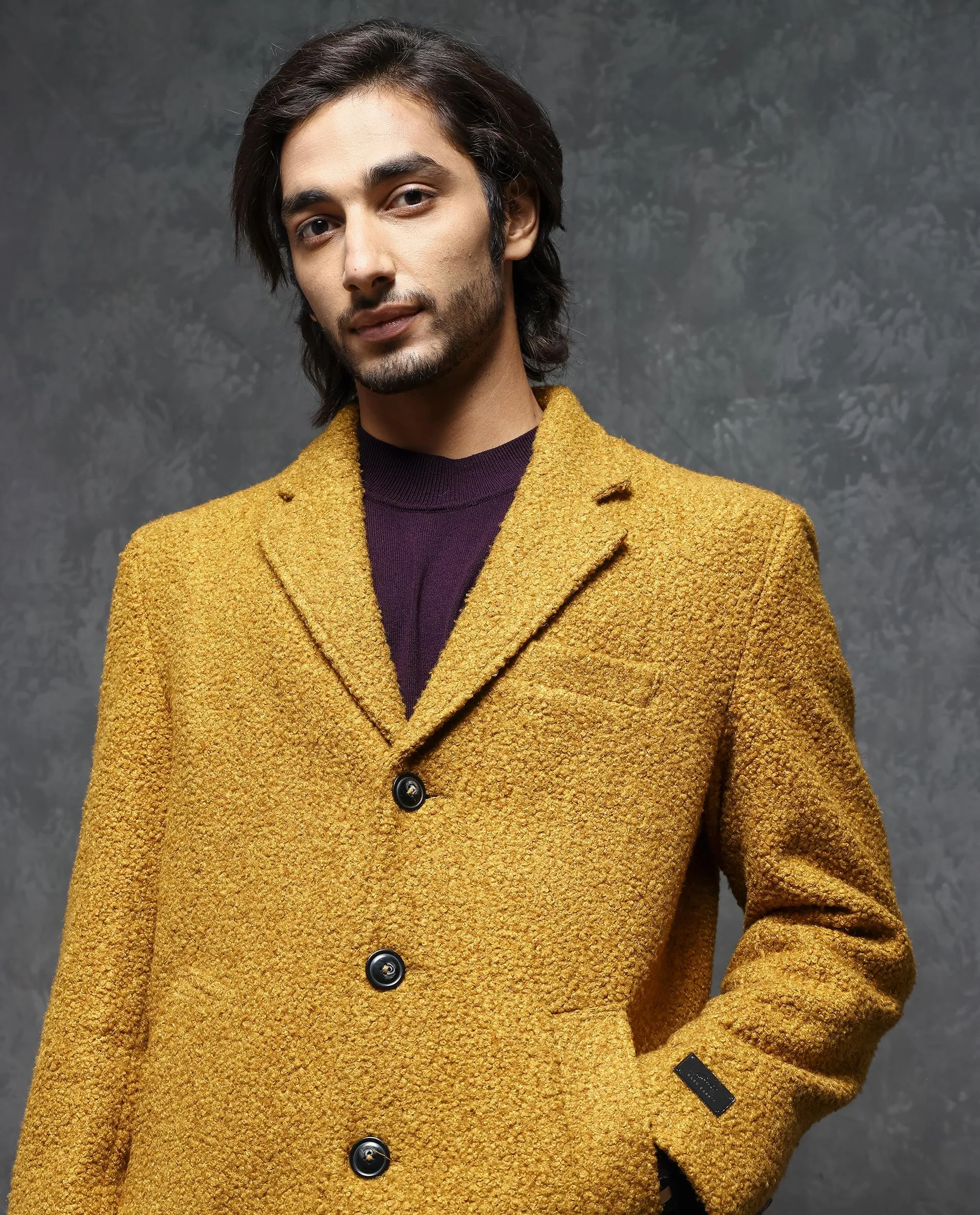 Rare Rabbit Men's Hong Yellow Jacket Textured Notch Lapel Long Coat