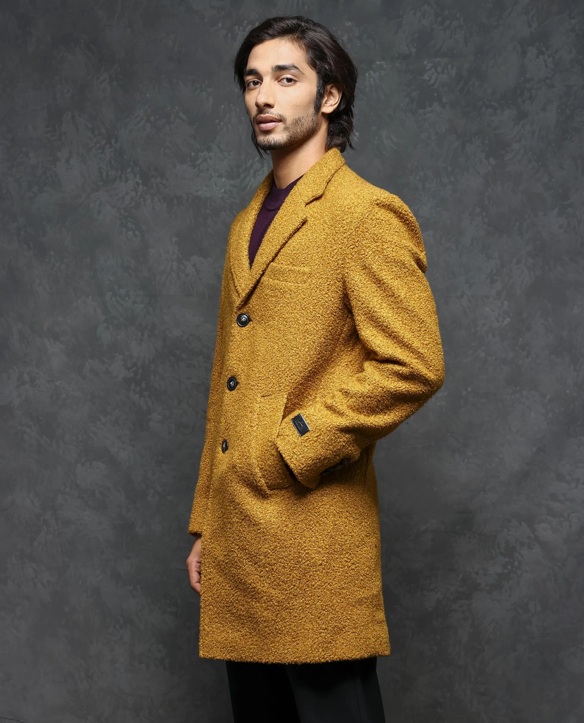 Rare Rabbit Men's Hong Yellow Jacket Textured Notch Lapel Long Coat