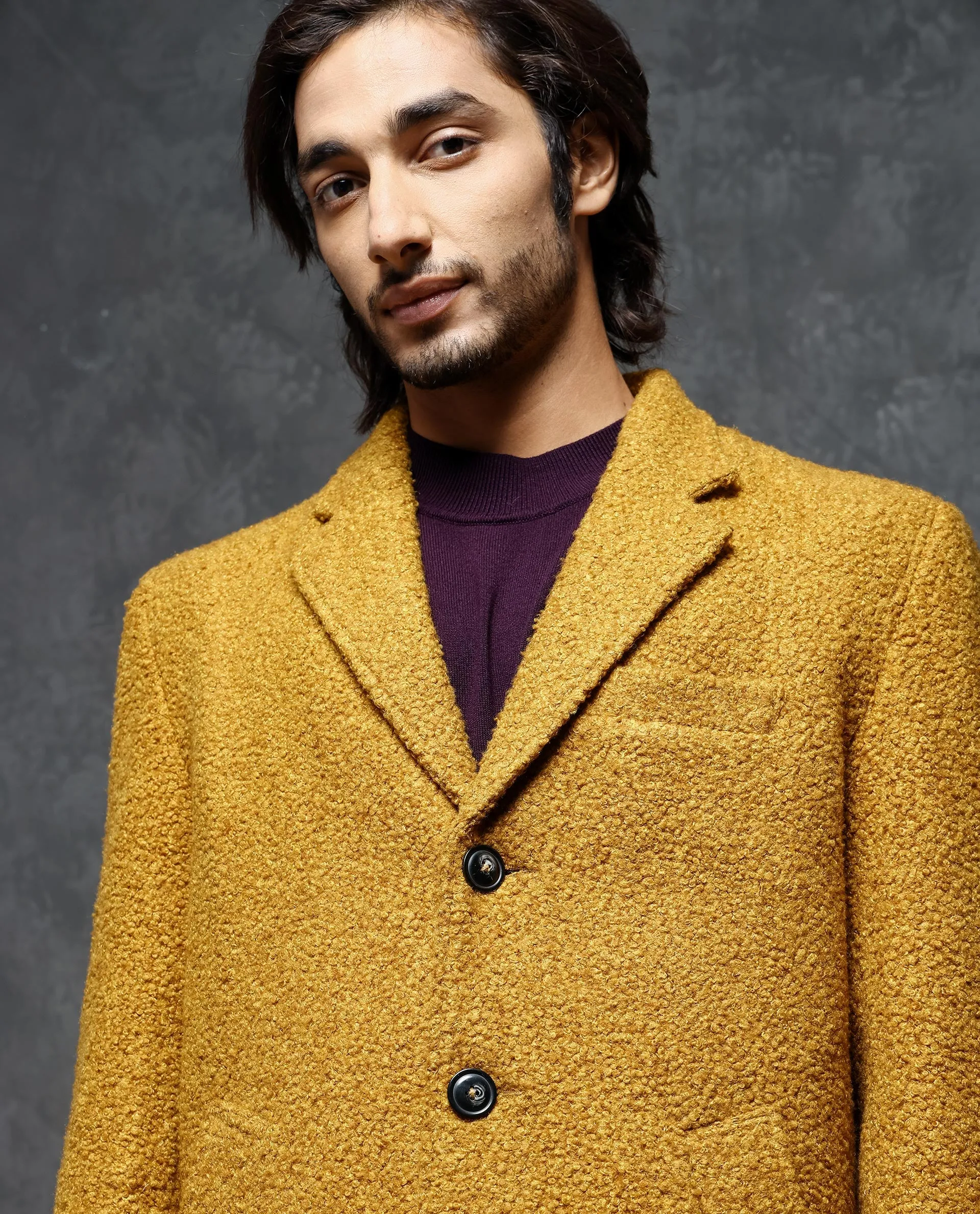 Rare Rabbit Men's Hong Yellow Jacket Textured Notch Lapel Long Coat