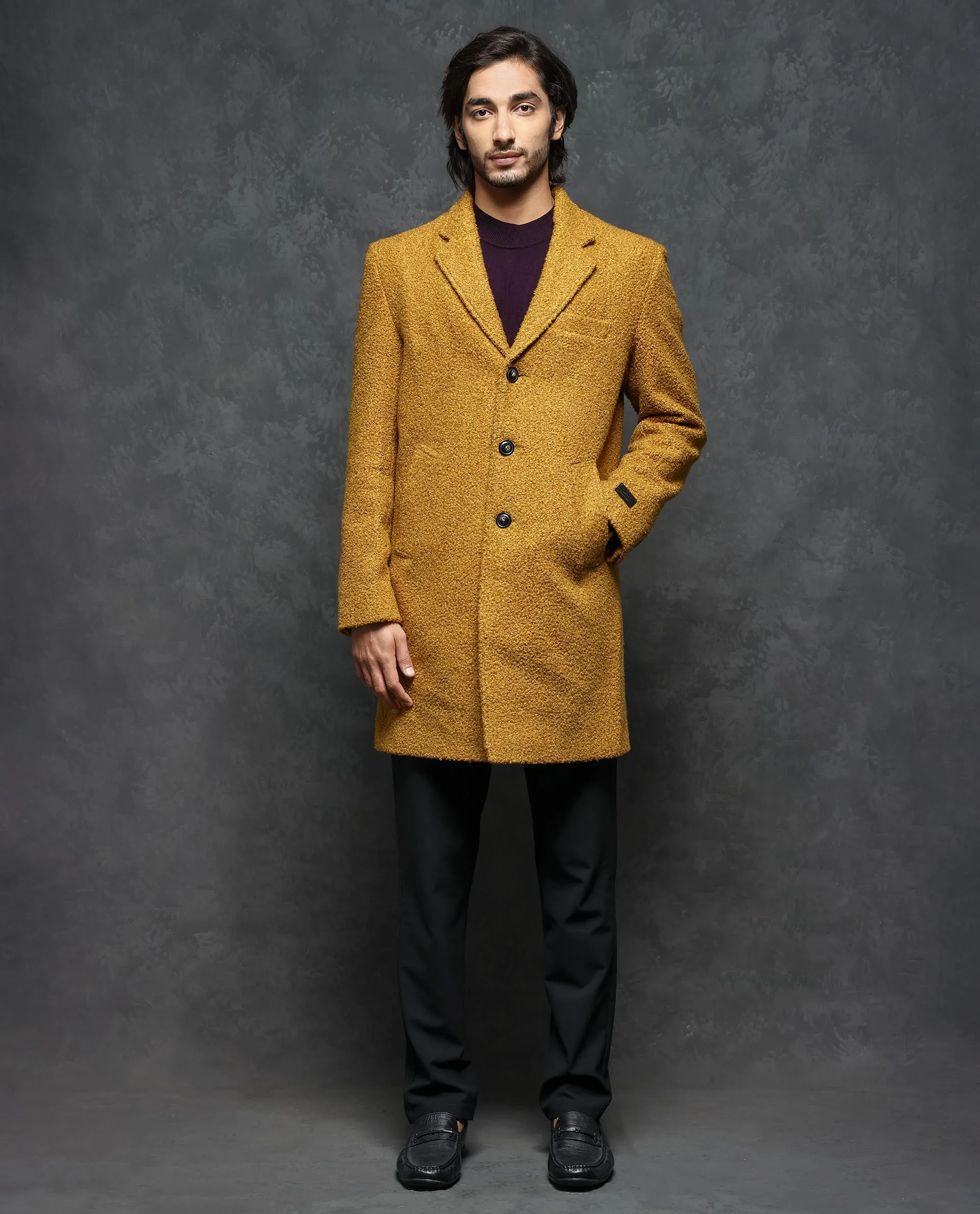 Rare Rabbit Men's Hong Yellow Jacket Textured Notch Lapel Long Coat