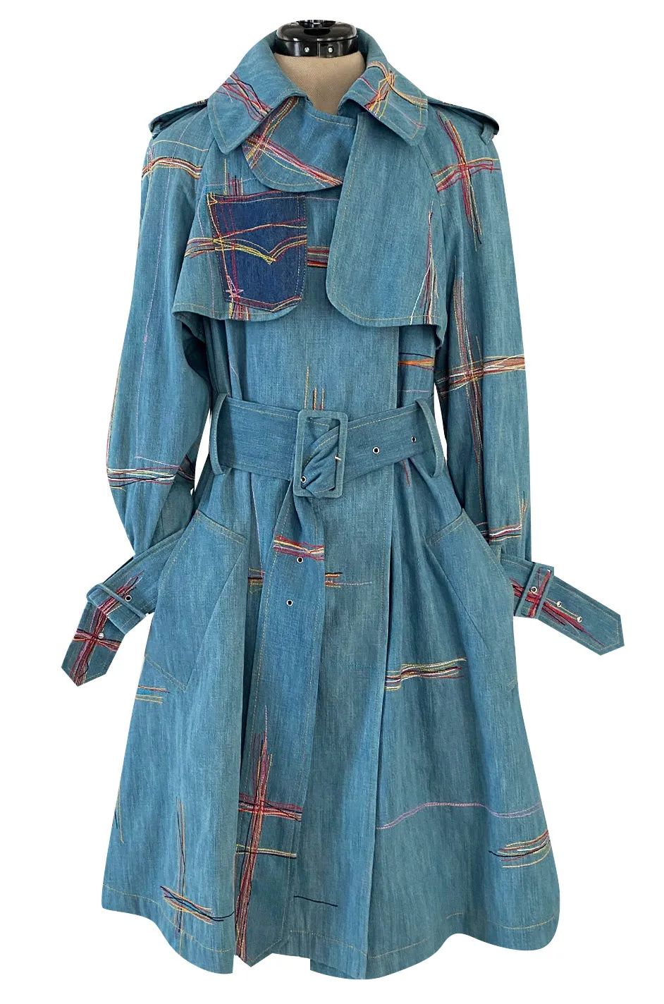 Resort 2002 John Galliano Denim Trench Coat w Embroidered Detailing