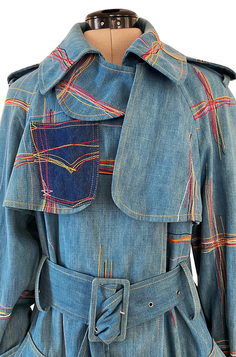 Resort 2002 John Galliano Denim Trench Coat w Embroidered Detailing