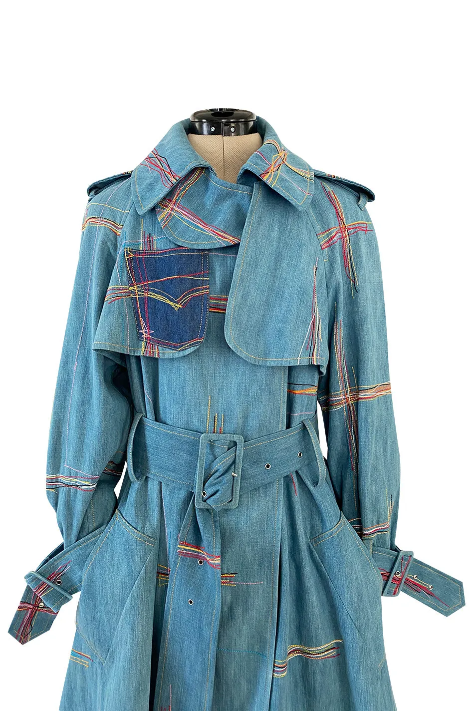 Resort 2002 John Galliano Denim Trench Coat w Embroidered Detailing