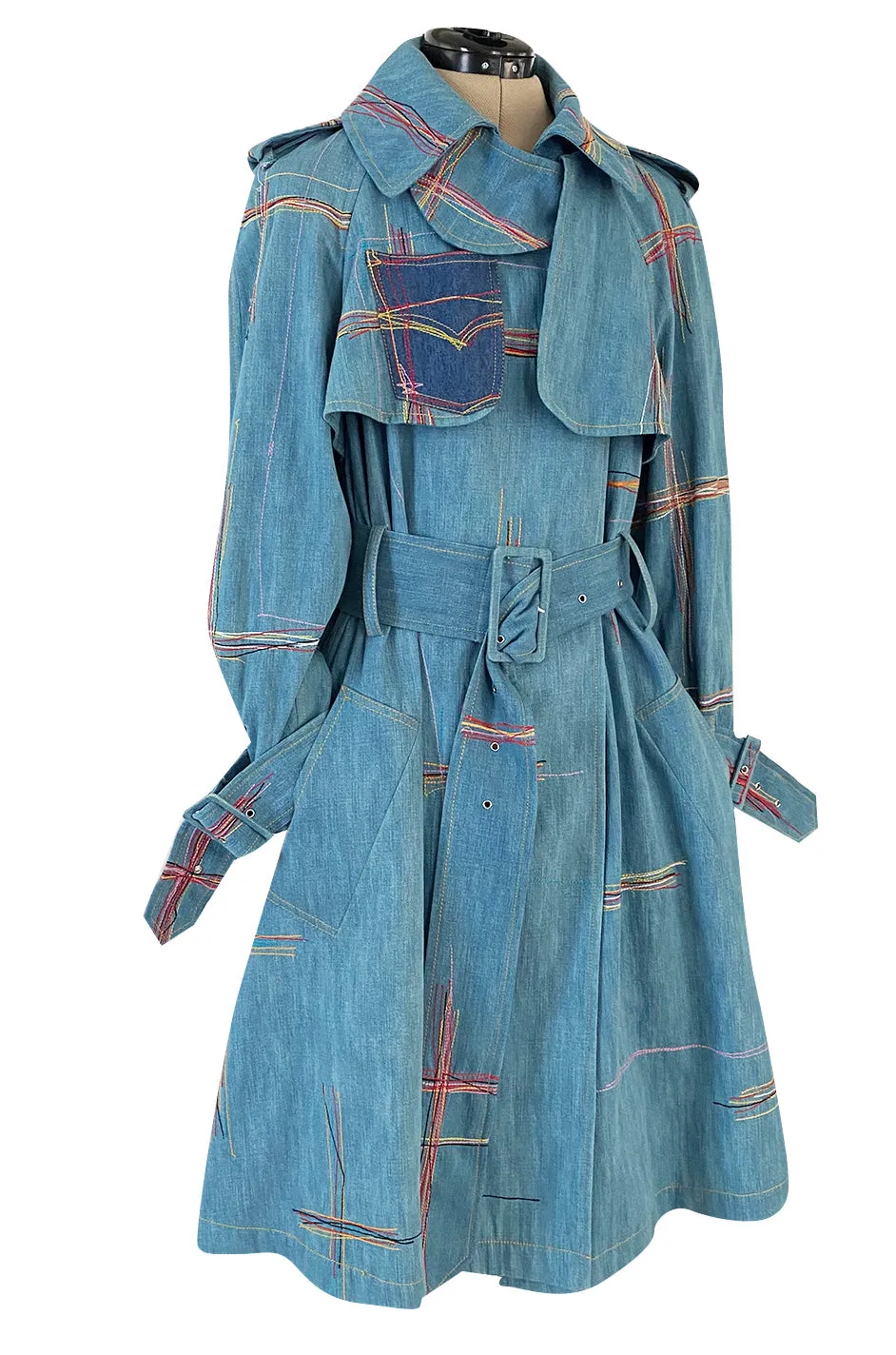 Resort 2002 John Galliano Denim Trench Coat w Embroidered Detailing