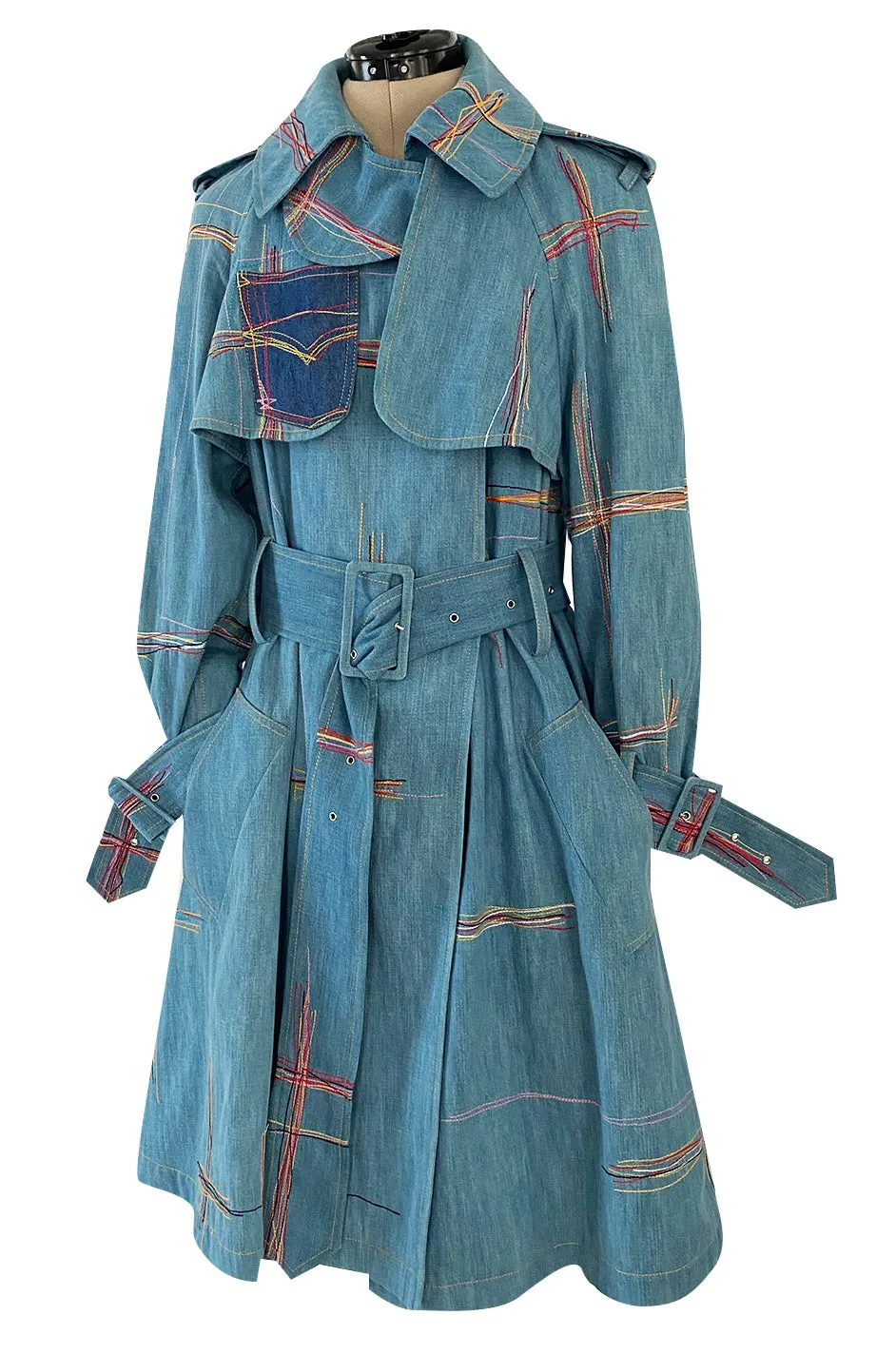 Resort 2002 John Galliano Denim Trench Coat w Embroidered Detailing