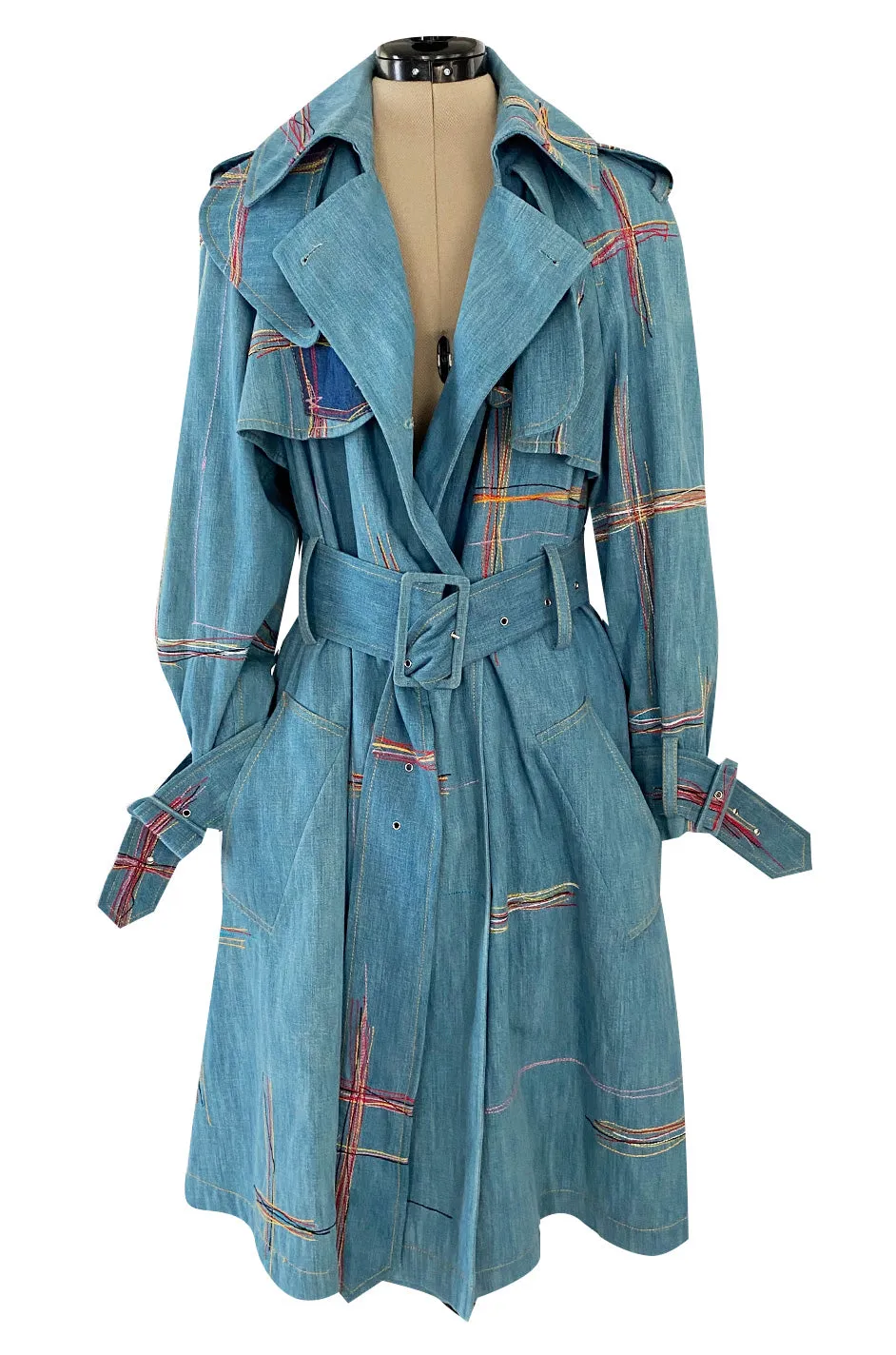 Resort 2002 John Galliano Denim Trench Coat w Embroidered Detailing