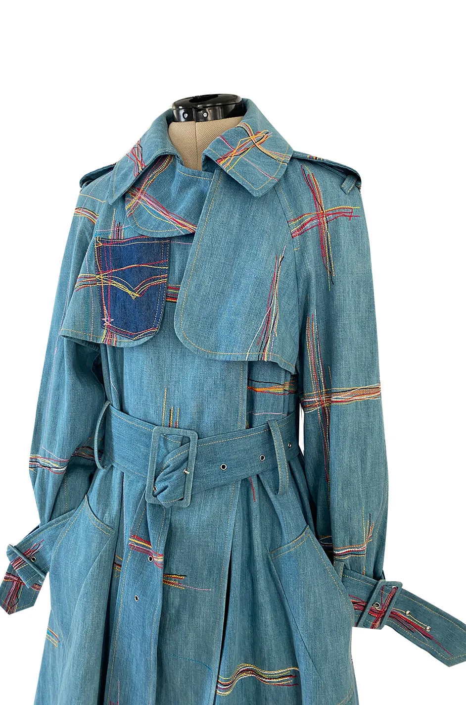 Resort 2002 John Galliano Denim Trench Coat w Embroidered Detailing