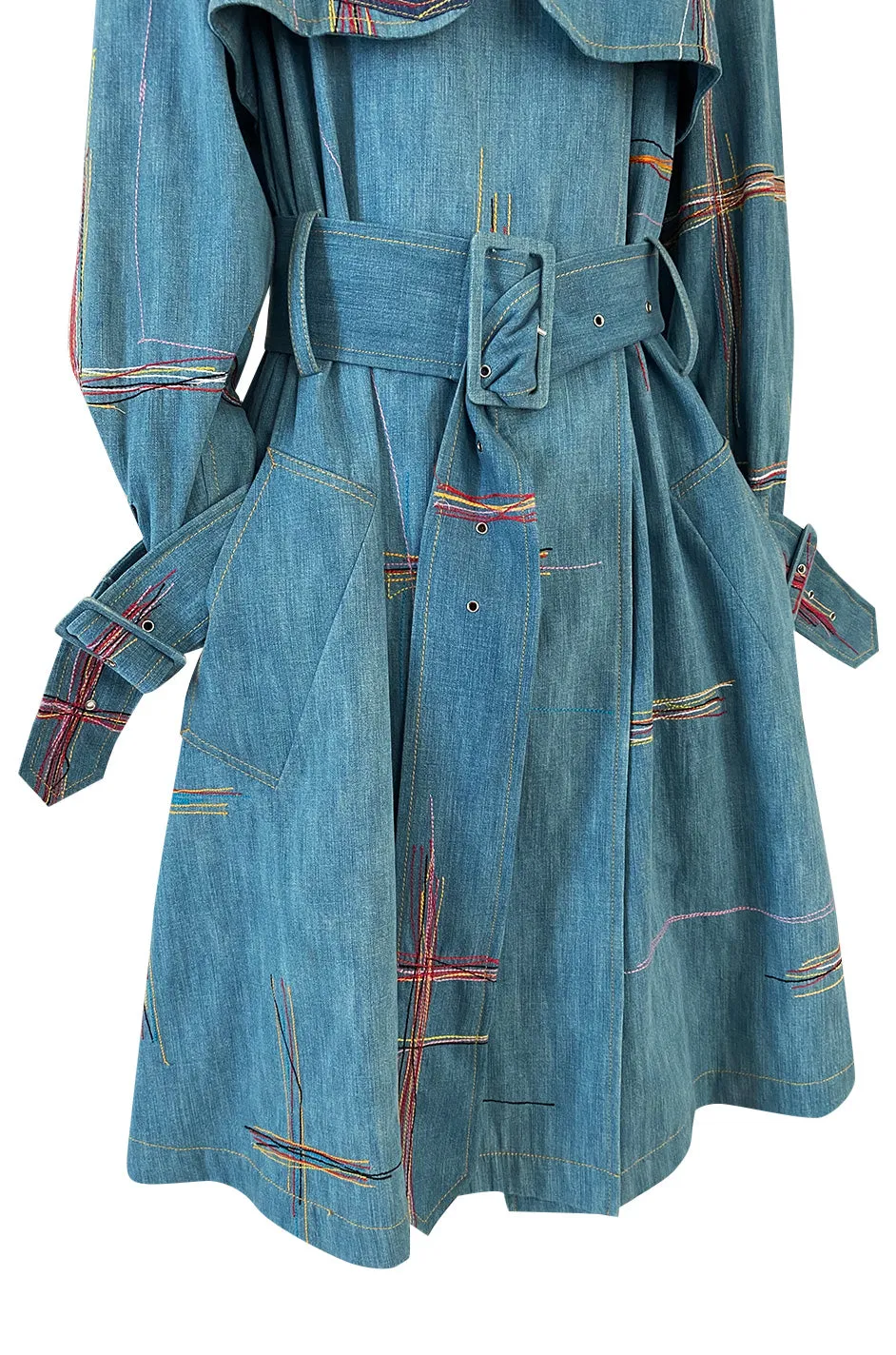 Resort 2002 John Galliano Denim Trench Coat w Embroidered Detailing