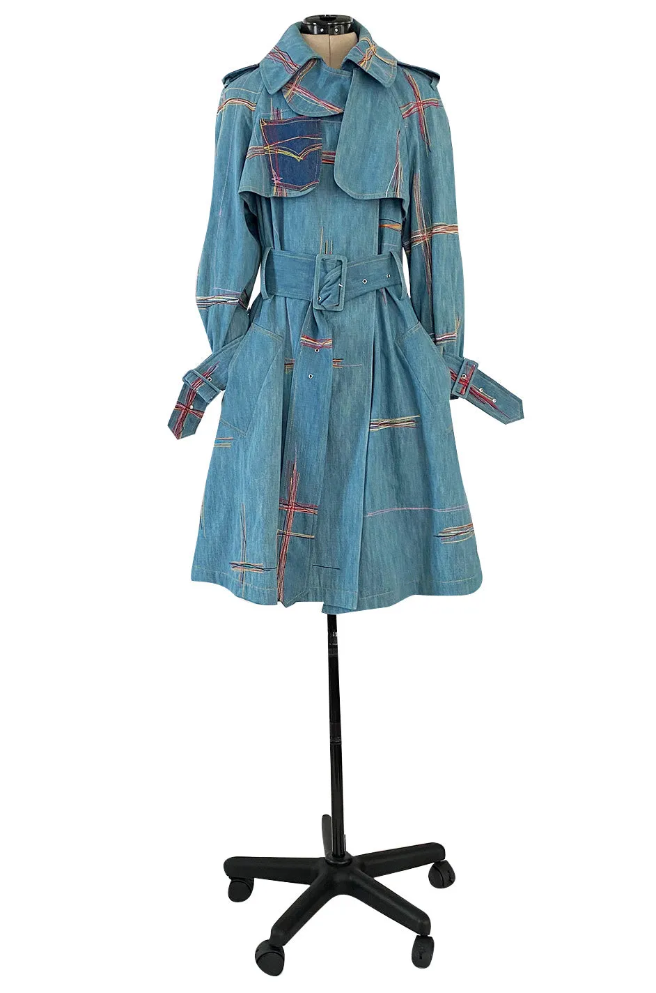 Resort 2002 John Galliano Denim Trench Coat w Embroidered Detailing