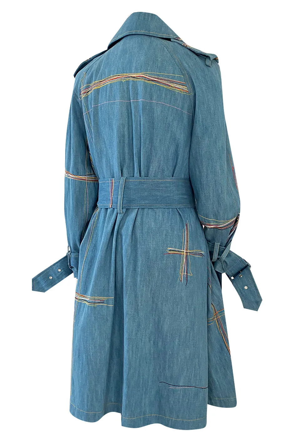 Resort 2002 John Galliano Denim Trench Coat w Embroidered Detailing