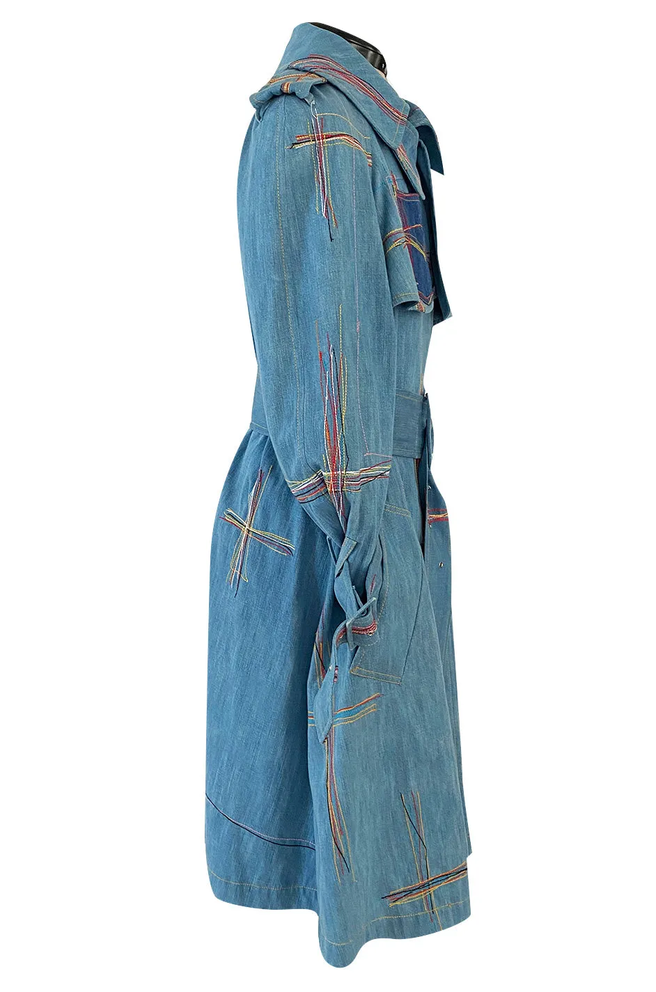 Resort 2002 John Galliano Denim Trench Coat w Embroidered Detailing