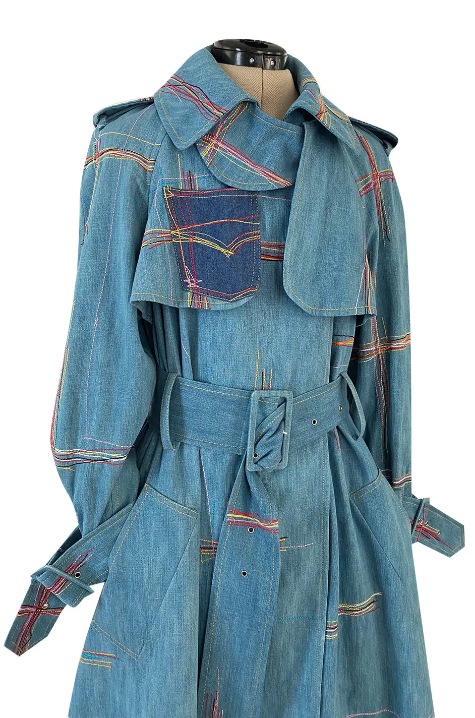 Resort 2002 John Galliano Denim Trench Coat w Embroidered Detailing