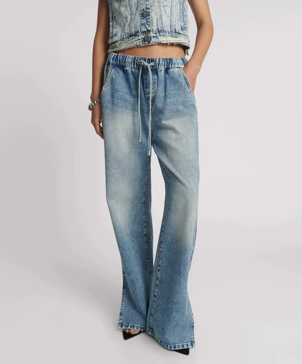 Roadhouse Wide Leg Drawstring Denim Jeans - Sunset Blue