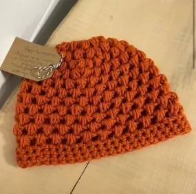 Rust Orange Messy Bun Ponytail Hat Open Puffy Stitch Hand Crochet Knit Outdoor Walking Hiking Active Athletes Winter