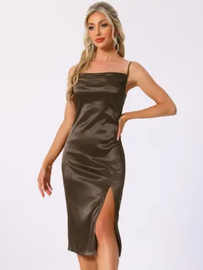 Satin Sleeveless Spaghetti Strap Ruched Slit Midi Dress