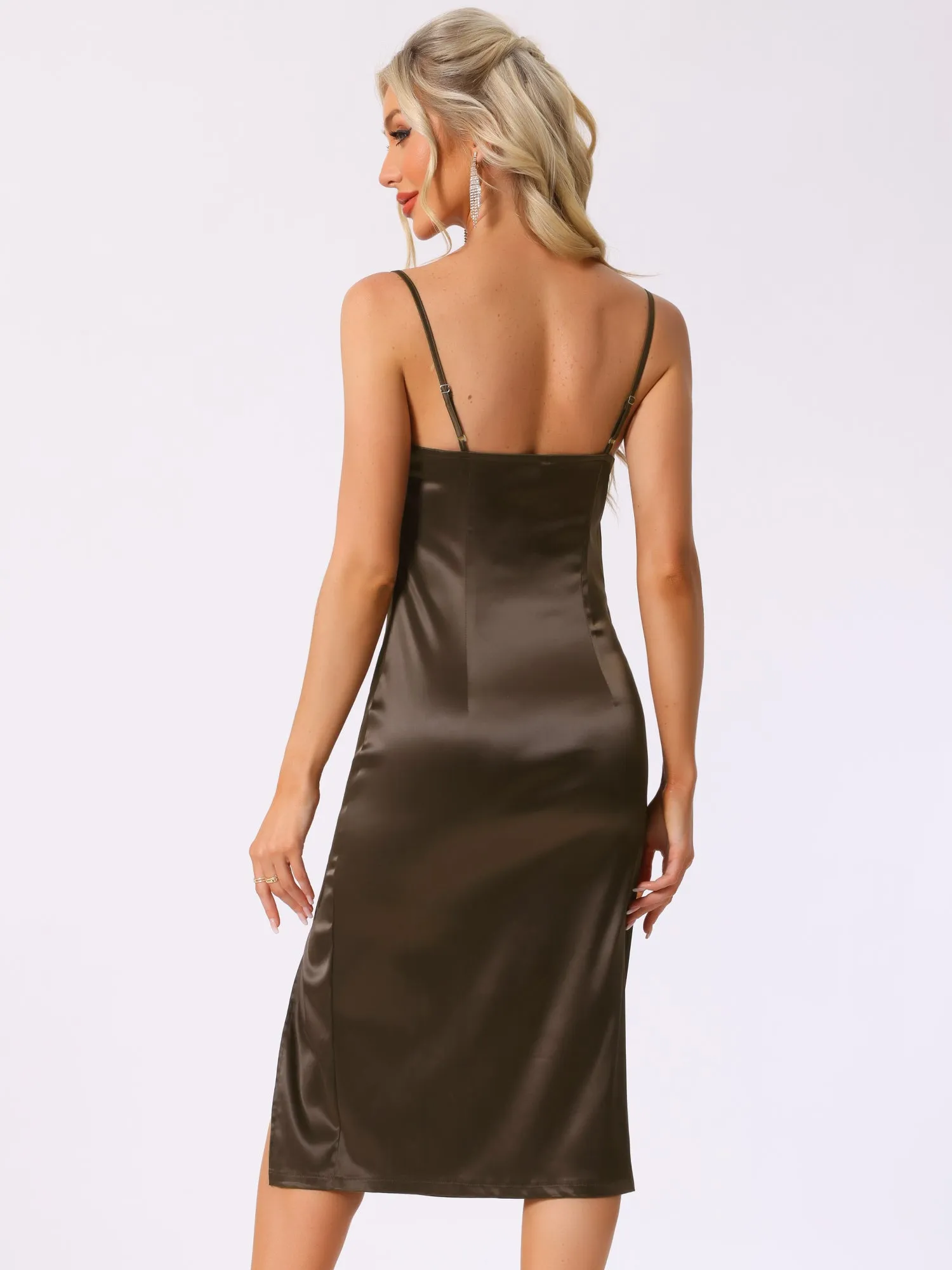 Satin Sleeveless Spaghetti Strap Ruched Slit Midi Dress