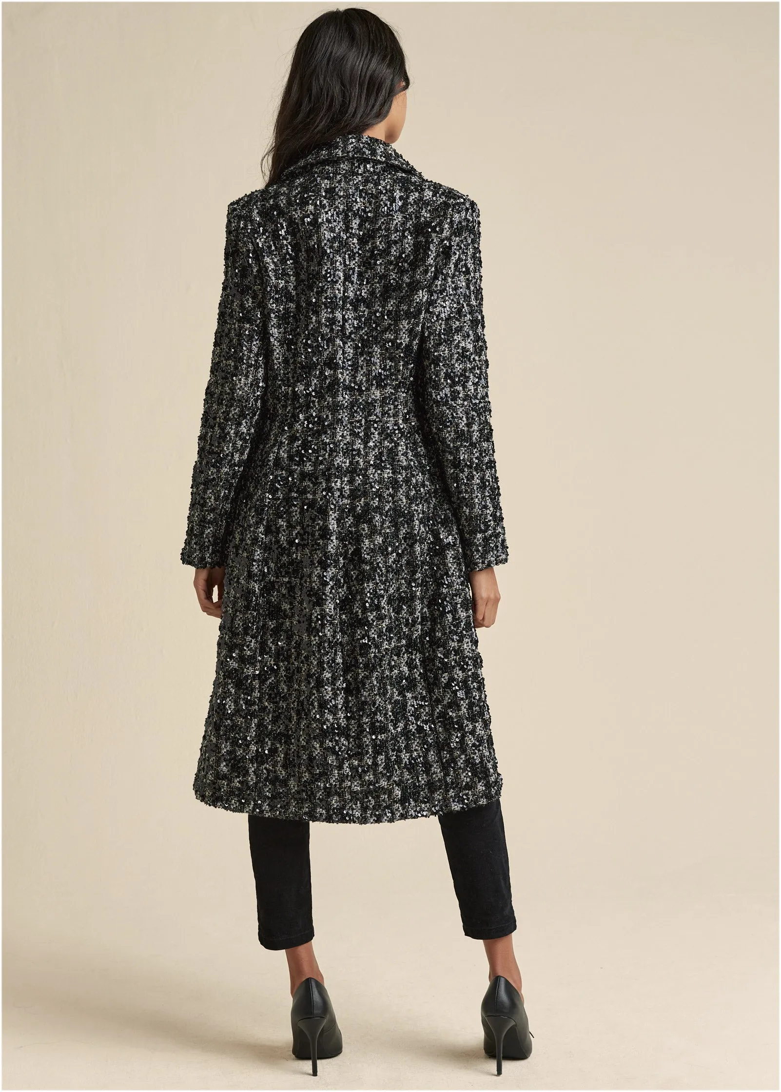 Sequin Detail Tweed Coat - Black Multi