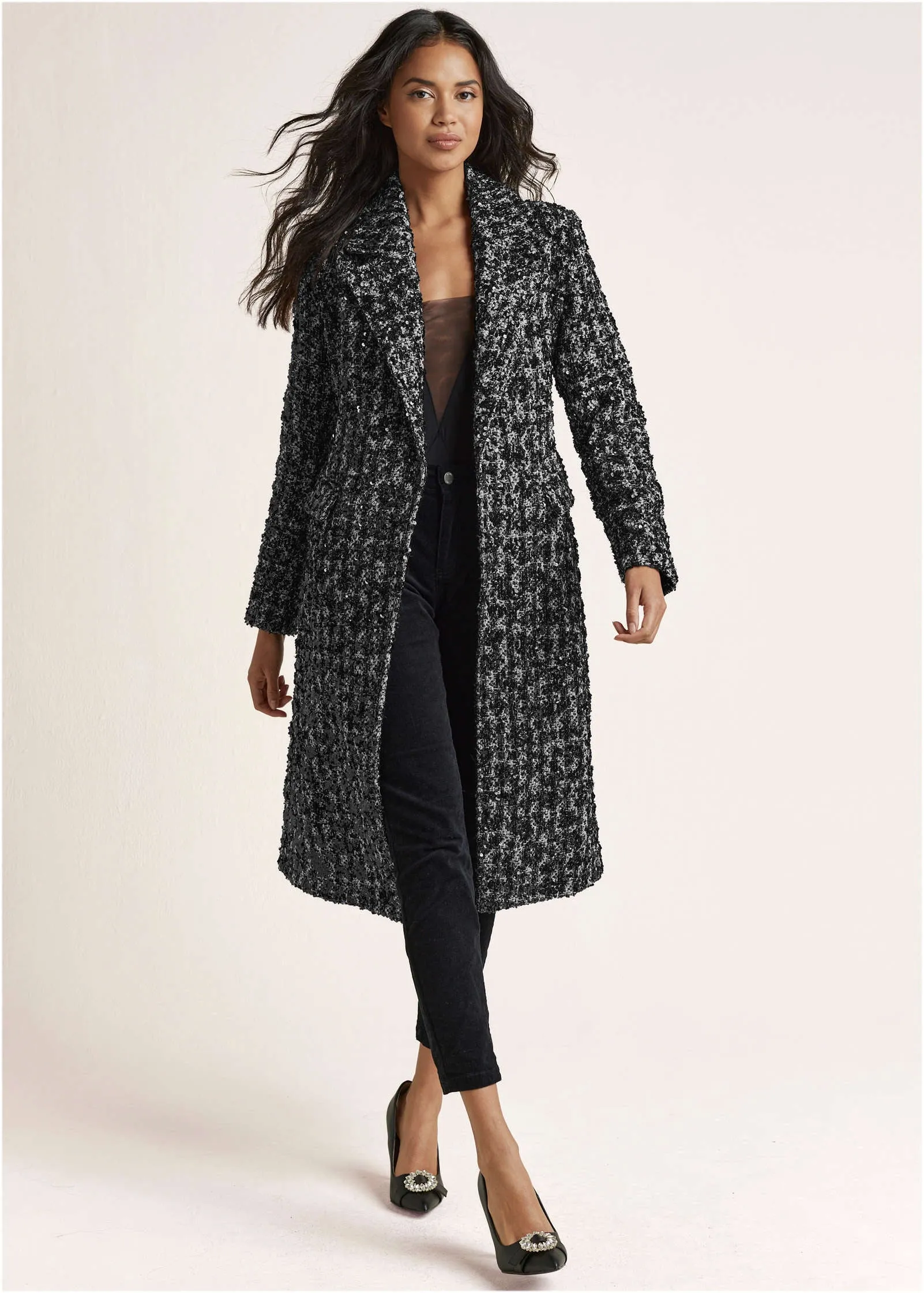 Sequin Detail Tweed Coat - Black Multi