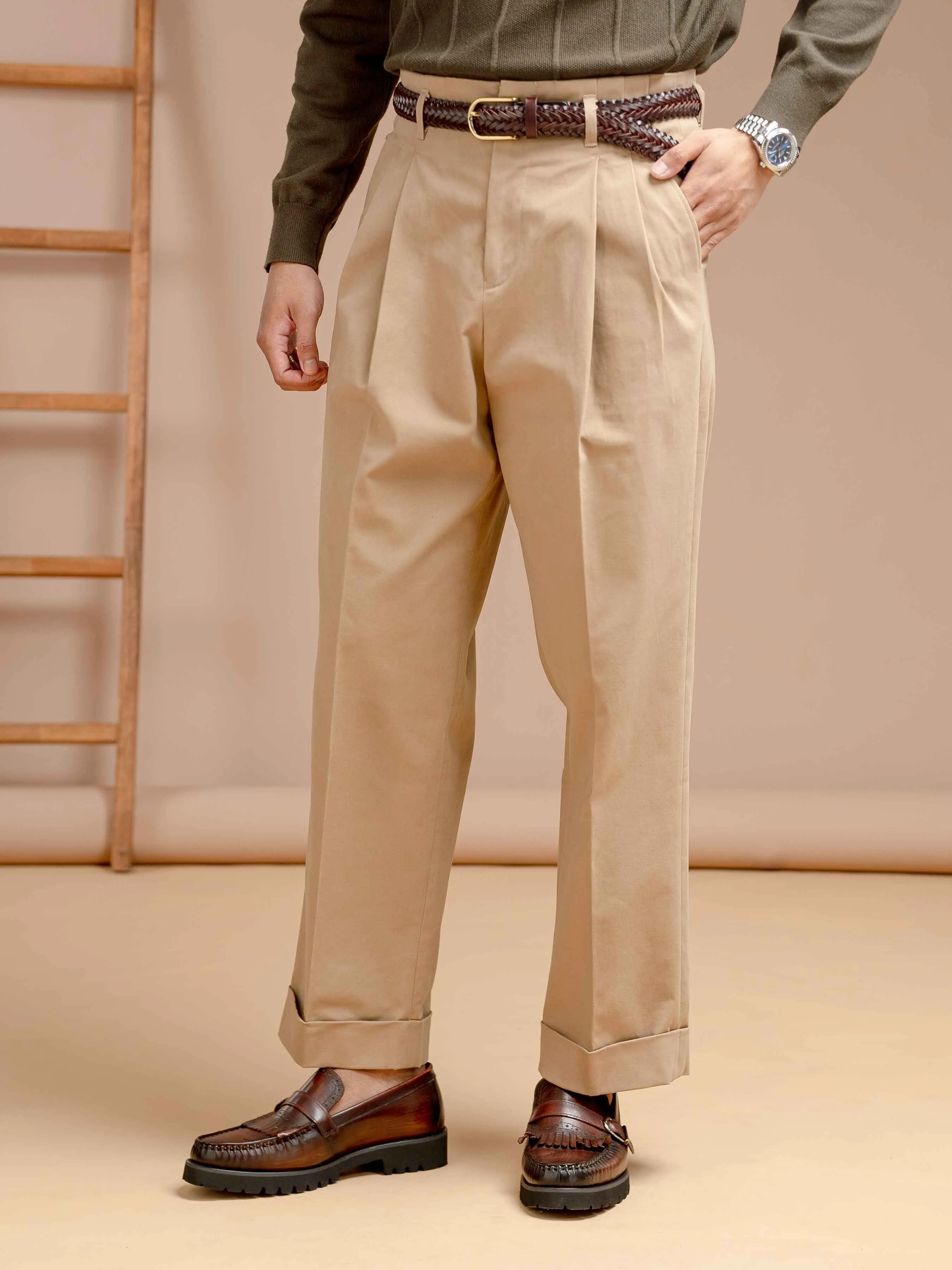 Siena High-Waist Pleated Trousers - Khakis (Wide Fit)