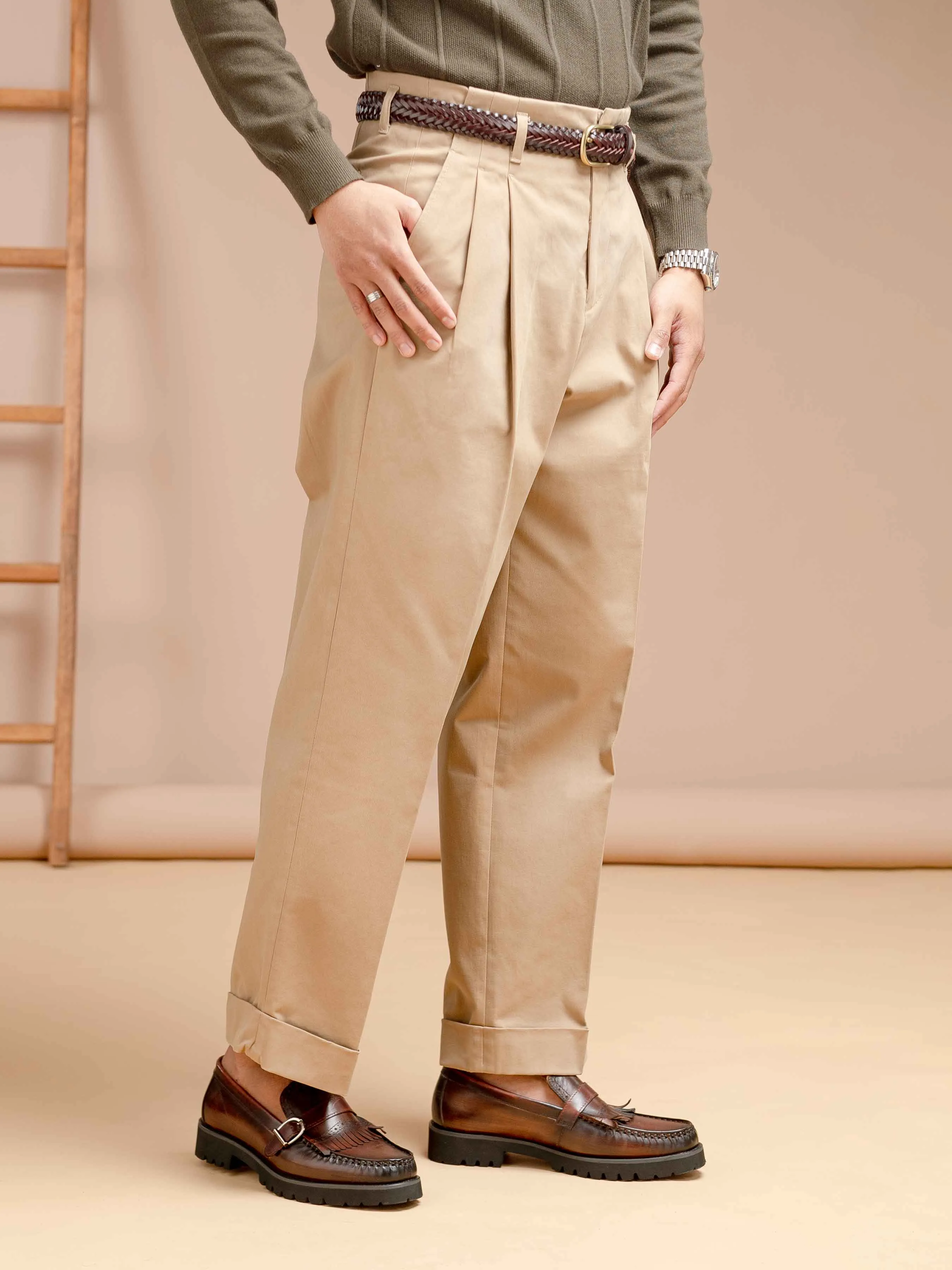 Siena High-Waist Pleated Trousers - Khakis (Wide Fit)