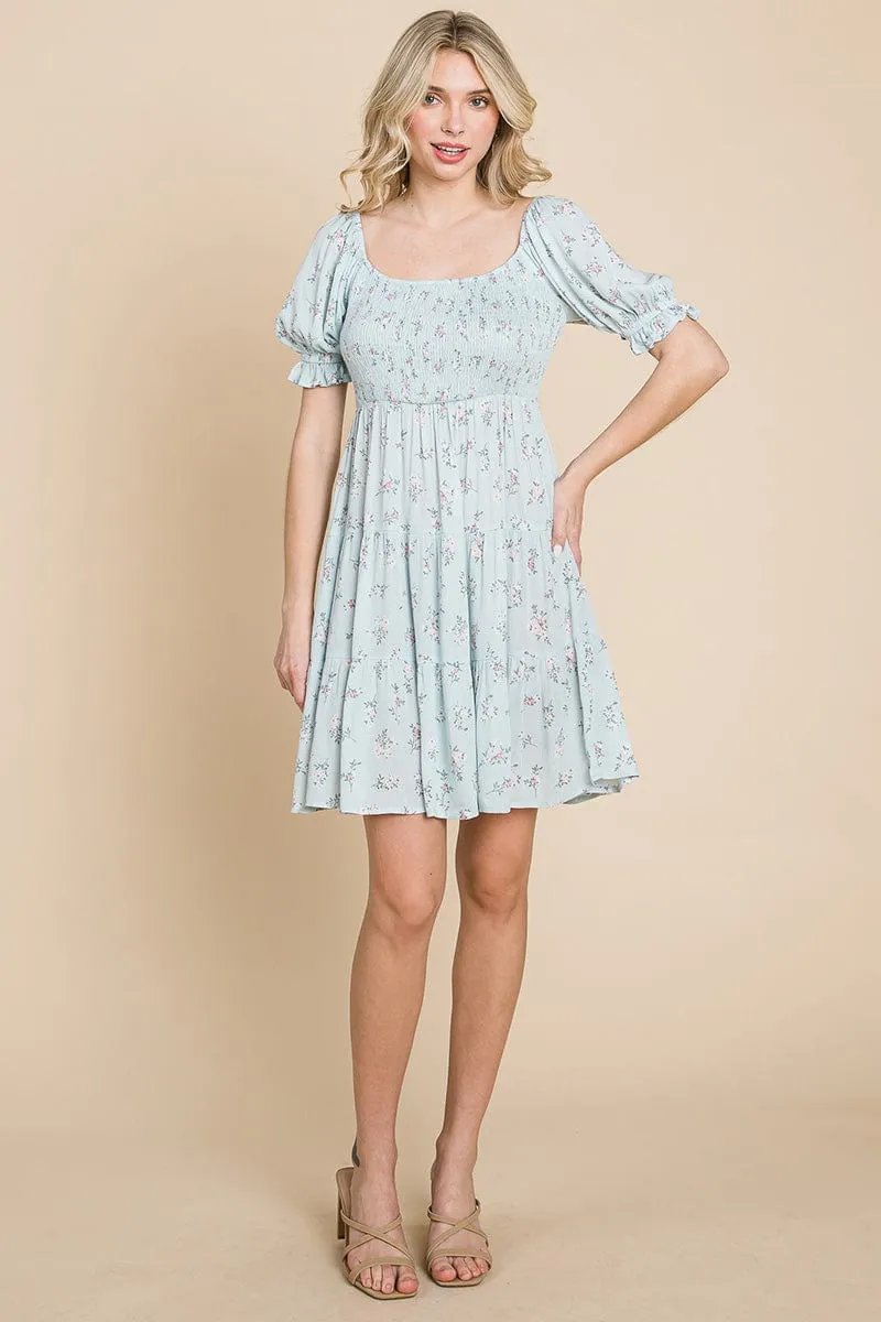 Smocked Floral Puff Short Sleeve Tiered Dress