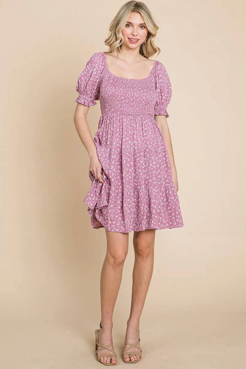 Smocked Floral Puff Short Sleeve Tiered Dress