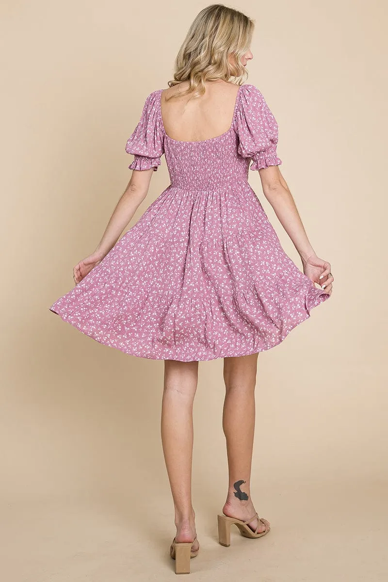 Smocked Floral Puff Short Sleeve Tiered Dress