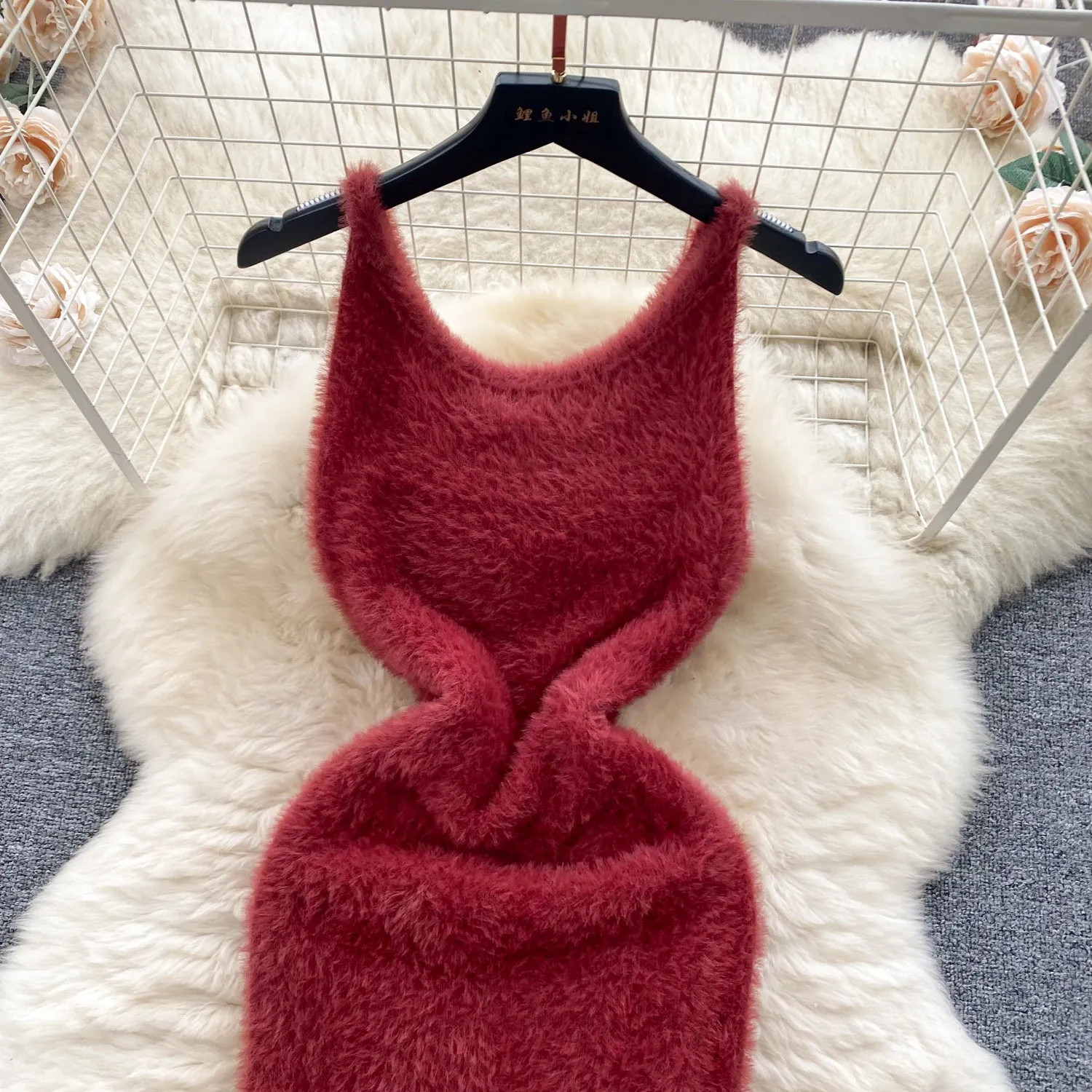 Solid Color Soft Furry Knitted Dress